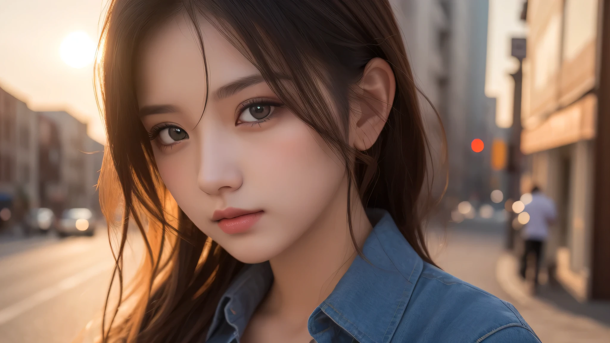 1girl, (kawaii face:1.2), (button shirt:1.2), cleavage, (Best Quality:1.4), Realistic, extremely detailed CG unified 8k wallpaper, highly detailed, High-definition raw color photos, professional photography, Realistic portrait, Beautiful detailed, Close up portrait of girl, Outdoors, city, street, Beautiful sunset, illumination, (Fine face:1.2),
