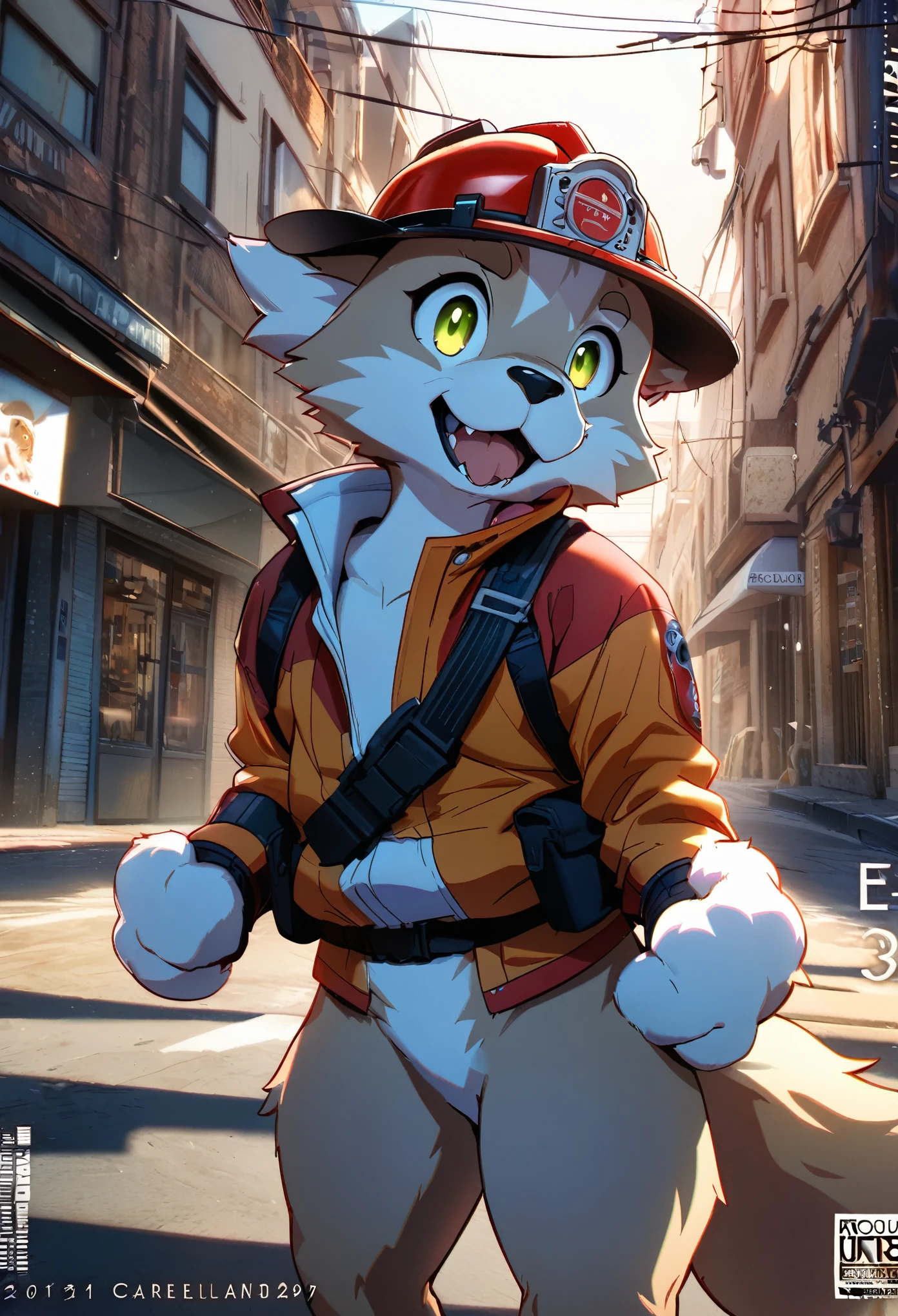e621 upload, top quality, best quality, highres, masterpiece, super high resolution, detailed background, street, gasping for air(1boy, dog)Firefighter, cover calendar, absurdres, perfect anatomy, good lighting, volumetric lighting, cinematic shadow(kemono, furry anthro),