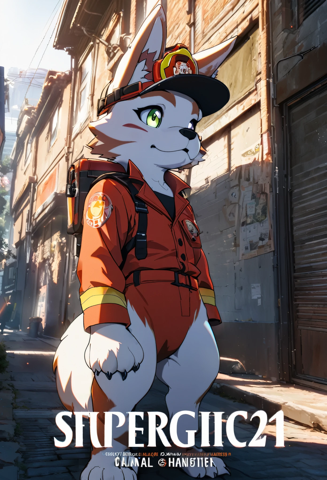 e621 upload, top quality, best quality, highres, masterpiece, super high resolution, detailed background, street, gasping for air(1boy, dog)Firefighter, cover calendar, absurdres, perfect anatomy, good lighting, volumetric lighting, cinematic shadow(kemono, furry anthro),