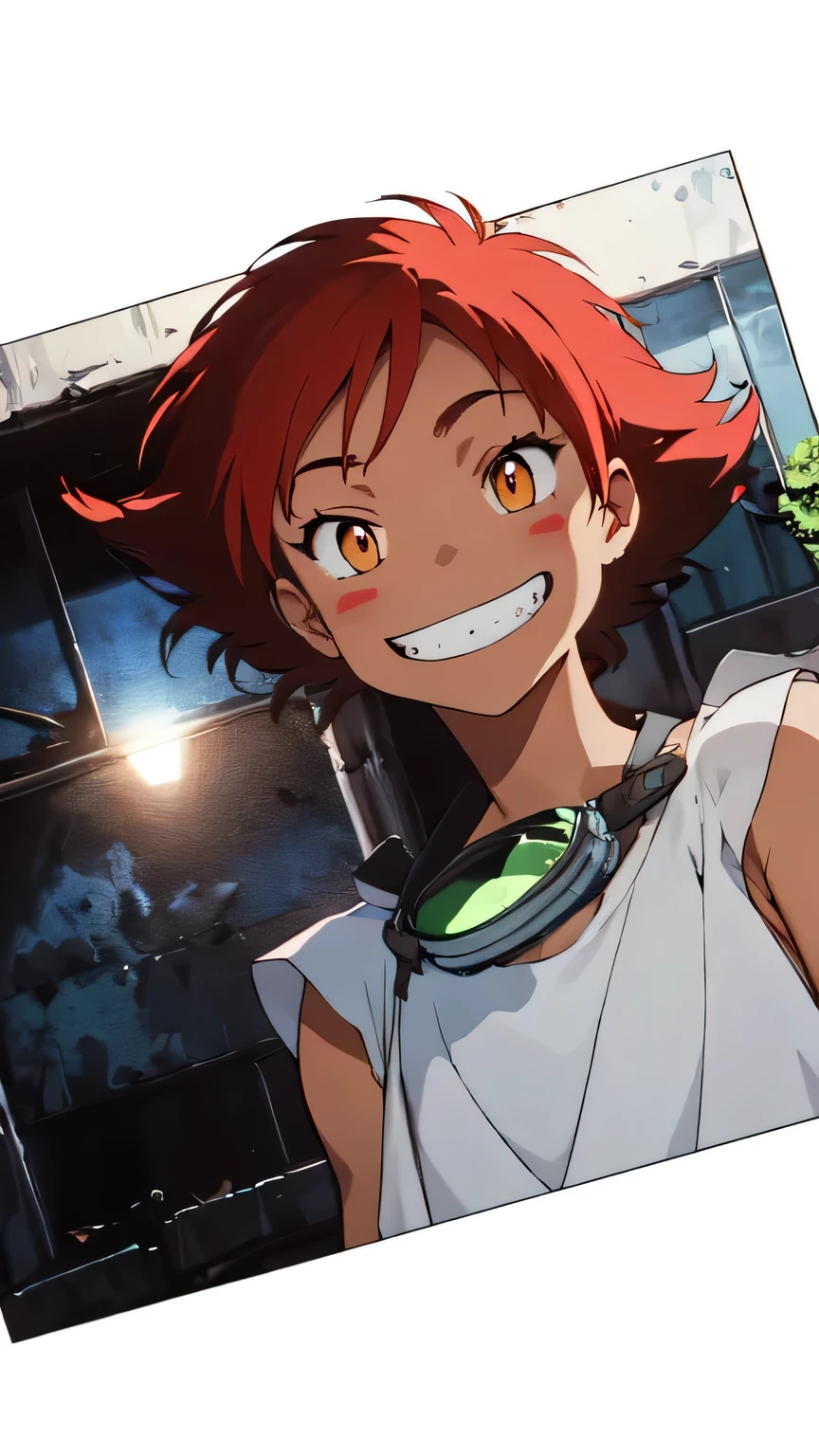 (Radical Ed:1.5), (Edward Wong Hau Pepelu Tivrusky IV), red hair, (Green goggles on forehead), tanned skin, white sleeveless shirt, hanging off shoulder, A once-in-a-millennium masterpiece, A photo you will never get again, Inexplicable high resolution, The cutest girl in the world, Ultra high definition eyes, Eyes that seem to draw you in, Jewel-like eyes, full body, very slender, clavicle, -yeld, seship on the background, blue sky, grin, upper body