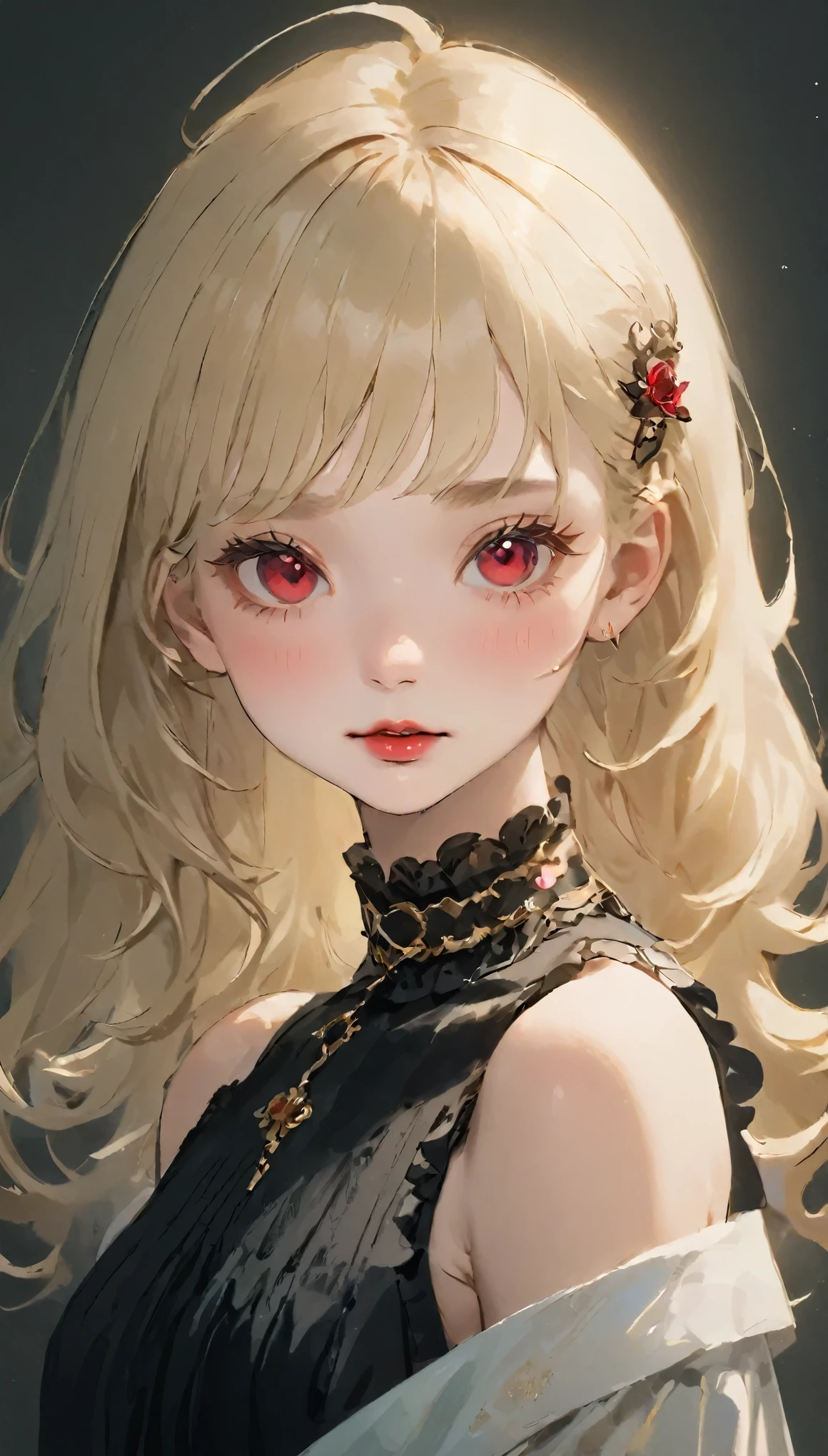 One Girl:1.5、Cute 、14Year、Perfect Anatomy、Red eyeshadow、Red lipstick、Slightly pink cheeks、White skin、Ash Blonde、Black Dress、eight-headed body、small 、Unique hairstyles、choker、highest quality、Super detailed、High quality details、Portraiture、Masseter region
