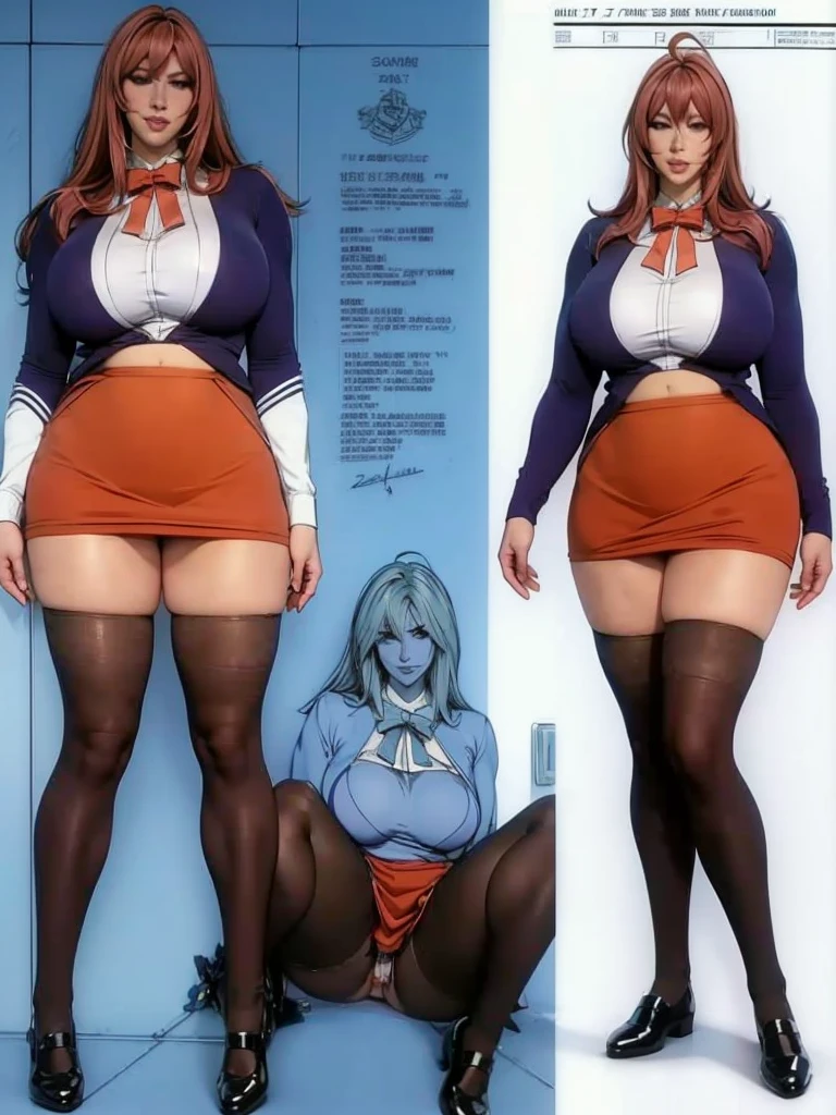 1girl in, (Solo:1.2),skin wet,skin ultradetailed,bouncing breast,,((massive big big oppai breast)),((leaning forward)),girl, solo, full body, from head to toe, standing, (Huge_Breasts:1.3), Character Design Sheet, character reference sheet, Blueprint Schematic Drawing, technical drawing, blueprint, schematic, ((Character Design Sheet:1.7, character reference sheet:1.7,)), an anime/cartoon character wearing a girls , 1girl, solo, thigh-highs, Blazer (Blazer), ahoge, long hair, bow, , shoes, loafers, ribbon, (very short skirt:1.4),

