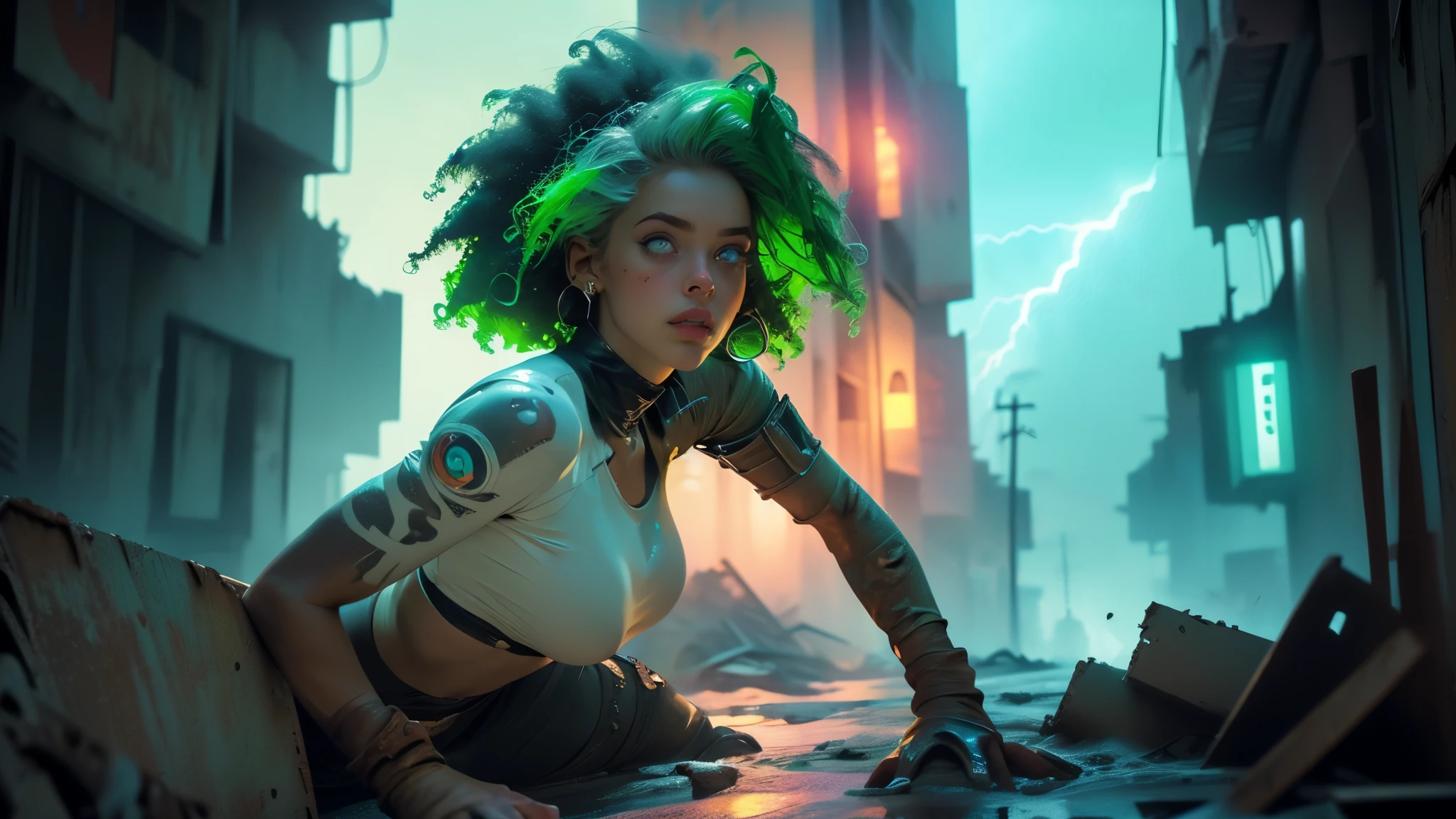 (Rear view, vista traseira),(Melhor qualidade, 4k, Obra-prima: 1.3), Beautiful Ebony Woman, hiperrealista, 1 garota, (seios enormes, corpo atraente: 1.35), abdomen: 1.15, (extreme neon rainbow hair), (cabelo preto afro cacheado:1.4), (molhado chuvoso, molhado da chuva, corpo molhado: 1.2), Rosto ultra detalhado, Pele ultra detalhada, labios detalhado, detalhado (brilhante (heterochromia, olho esquerdo, mel, olho verde direito: 1.35)), Double eyelid, vestido sexy com decote baixo, decote aberto,(post-apocalyptic colors:1.4),  seios pendurados, pose lateral, visible curves, faixa de festa, dance floor,  sofa, golden tunic transparent gold, surpreso,detailed hands,8K mais detalhado.motor irreal:1.4,UHD,La Melhor qualidade:1.4, fotorrealista:1.4, textura da pele:1.4, Obra-prima:1.8,obra-prima, Melhor qualidade,objeto Objeto], (detailed facial features:1.3),(apocalyptic city destroyed color:1.4),(white bodysuit latex bikini:1.4),(blue background water rainy thunder lightning:1.4)