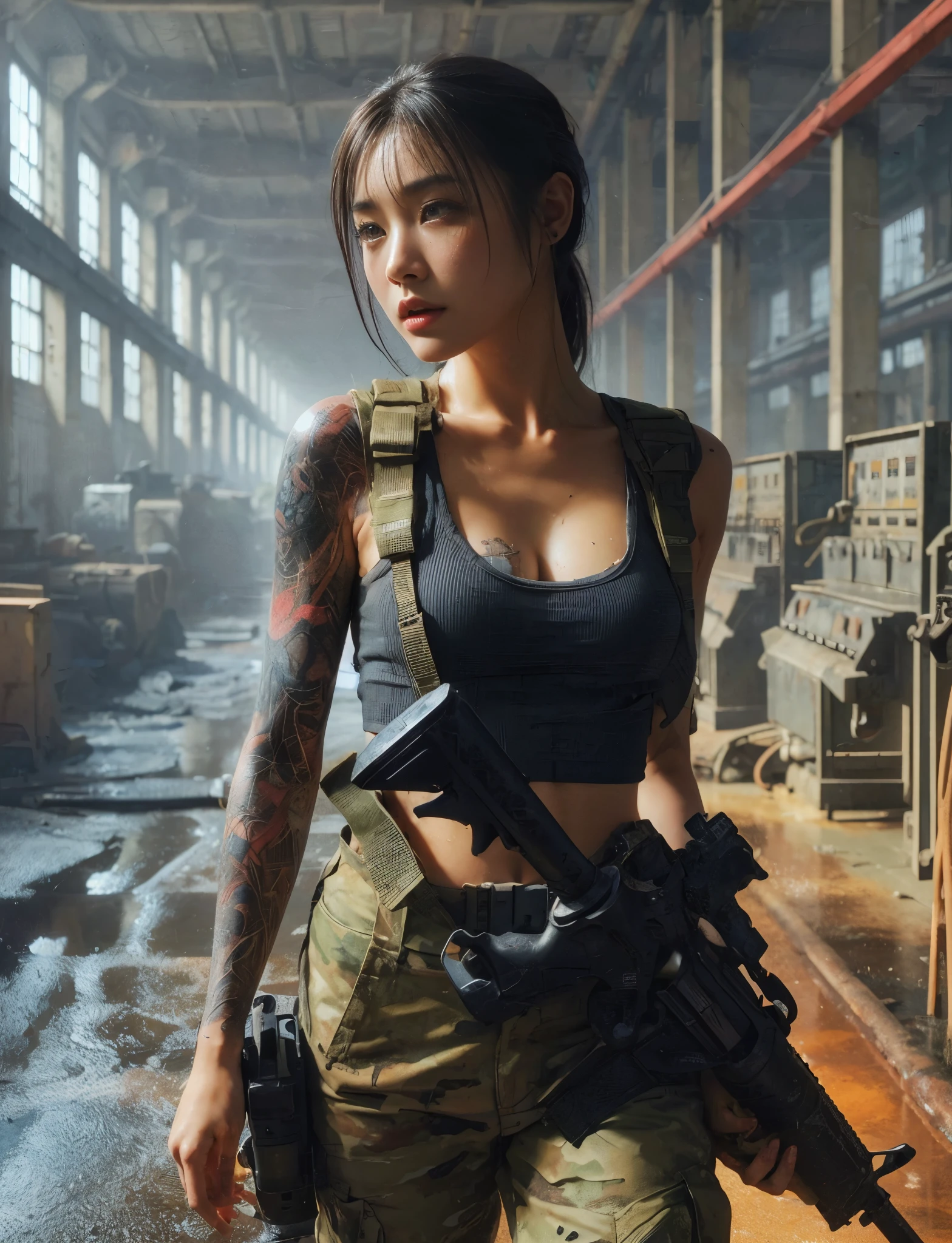 
8k,Realistic Photo、Realistic Skin Texture、Superrealism、Japanese women in the U.S. military、Searching for something in a mysterious abandoned factory、The concrete floor is cracked and wet.、Abandoned machinery is rusting and decaying.、Tattoo