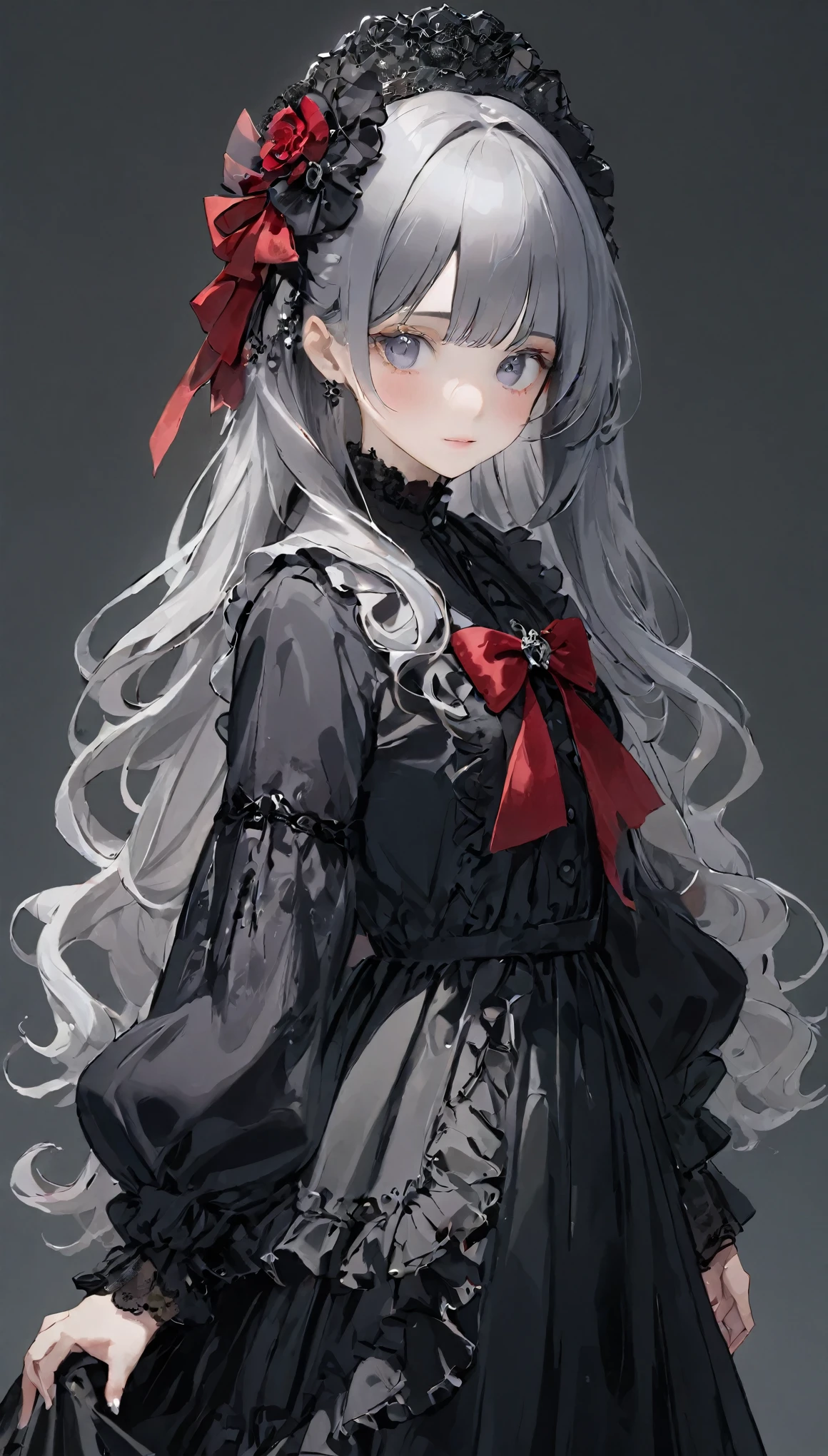 Perfect Anatomy、highest quality、Masseter region、Super detailed、8ｋ、Accurate depiction of the human body、Full body angle、Delicately painted face、fine grain,Beautiful Eyes、Infinitely clear eyes、Woman with beautiful face、Gothic Lolita Fashion、Black Gothic Lolita Fashion、Black and white outfit、Beautiful silky silver hair:1.5、big red hair ornament、Red ribbon hair ornament、big red hair ornament、Are standing、Front Angle、Full body angle、(((Blurred Background:1.5、Photo studio、Gray background:1.5、Gray background、Gray background、Gray background、Gray background、Cinema Lighting、Professional Photographer)))