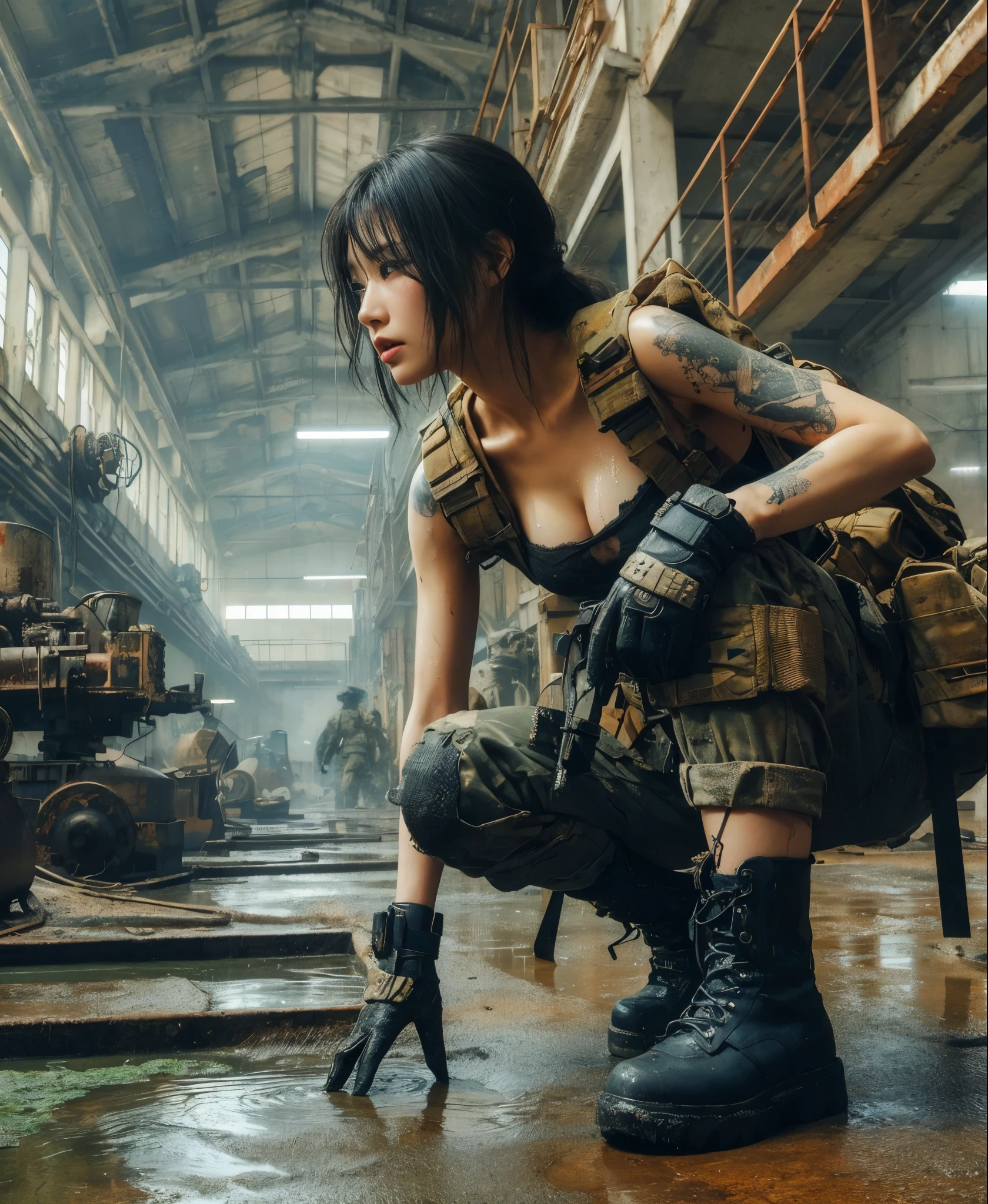 8k,Realistic Photo、Realistic Skin Texture、Superrealism、Japanese women in the U.S. military、Searching for something in a mysterious abandoned factory、The concrete floor is cracked and wet.、Abandoned machinery is rusting and decaying.、Tattoo