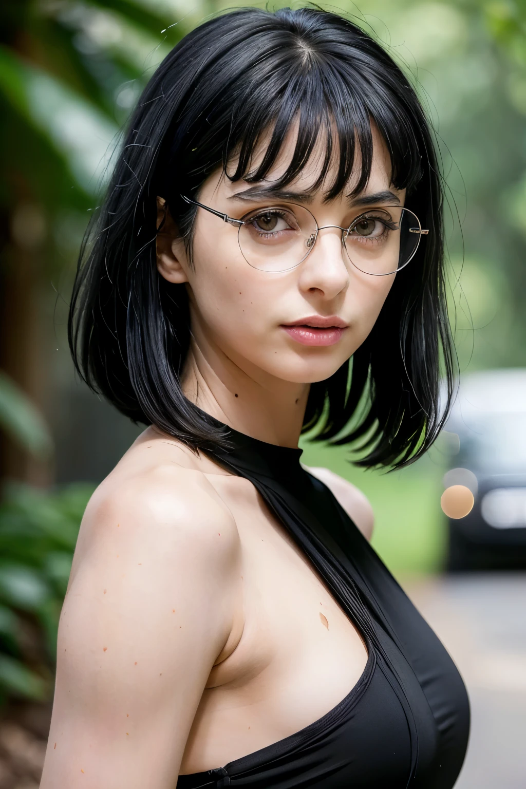 (18 year old woman), (black hair, short hair, bangs, hair down to her shoulders) ((round glasses on her face)) (white skin) angry, western face, dark circles, sad and tired and droopy face, pimples on her face , thin nose, ((best quality)), ((ultra resolution)), ((Photorealistic: 1.4)), (intricate details), (black dress, beautiful sensual dress), thin waist.