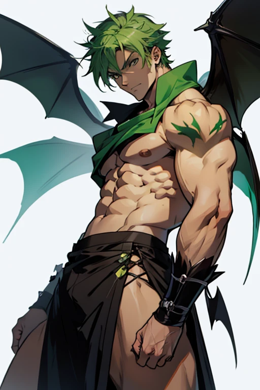 A sketch of a male anime character. has green hair. muscle. bat wings