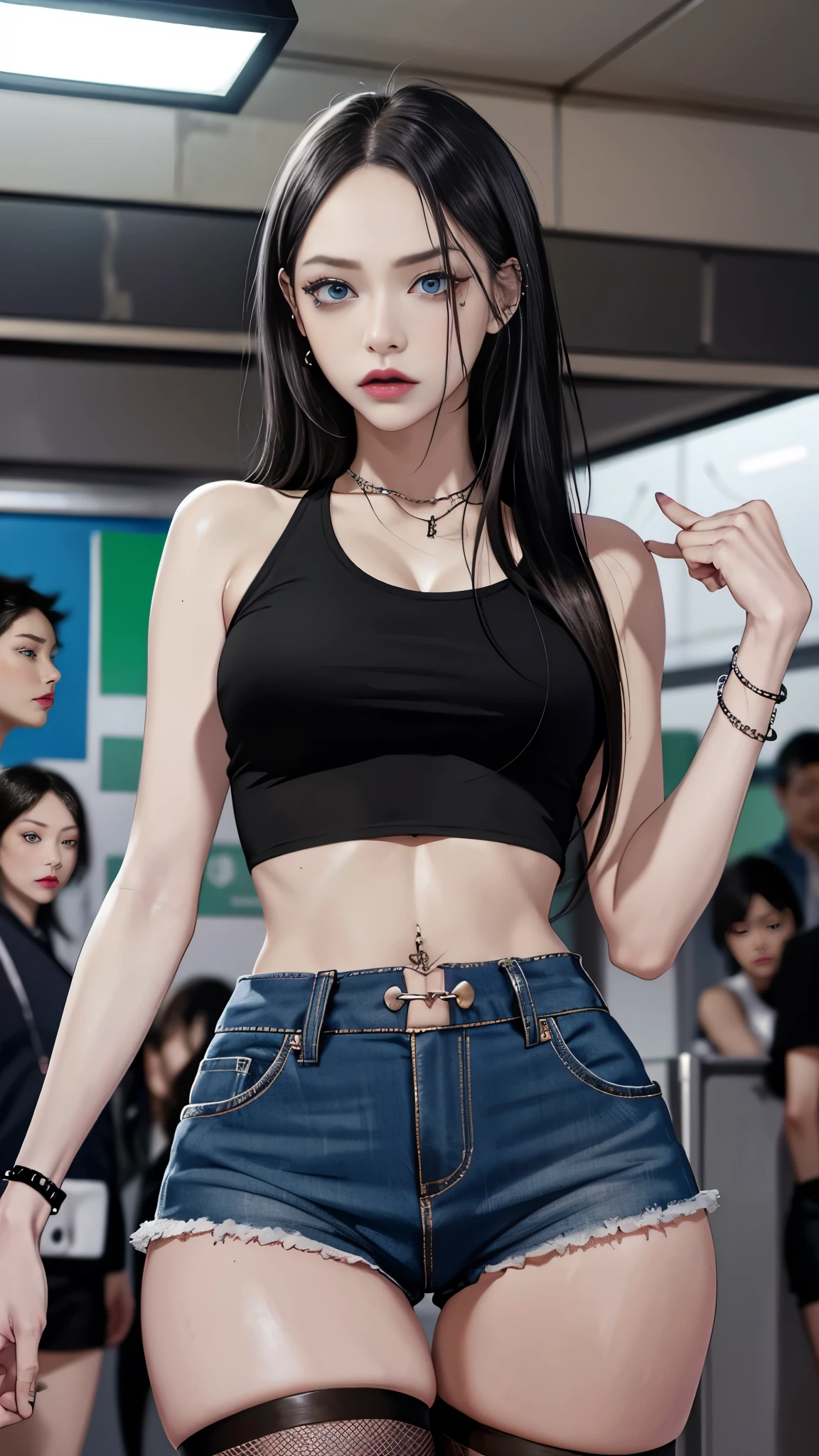 goth woman, (goth makeup), (white skin), (T-shirt and skinny mini shorts), (Show below ), (Fishnet tights), (belly button jewelry), (pierced ears), (Pierced Lips), blue eyes, short messy black emo hair, (bedroom background), thick thighs, medium breasts, (8K), (wallpaper), (dynamic lighting:1.5), (detailed face and eyes:1.2)、Busy subway、Inside the subway、Japan、