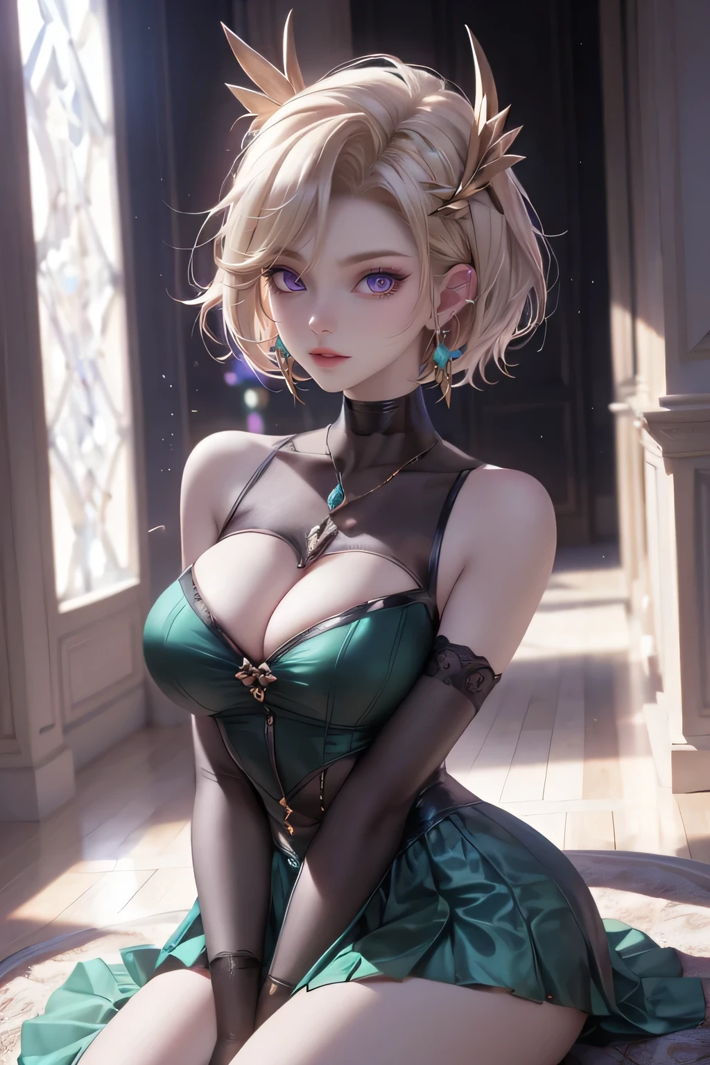 1girl, blonde hair, short hair, green eyes, large breasts, mouth open, hands behind back, indoors, bedroom, cleavage, pleated skirt, mini skirt, kneeling, on knees, (best quality,4k,8k,highres,masterpiece:1.2),ultra-detailed,portrait,high-quality,soft lighting,warm colors,detailed facial features,beautiful detailed eyes,beautiful detailed lips,extremely detailed eyes and face,long eyelashes