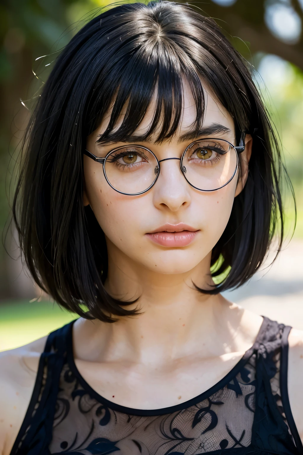 (18 year old woman), (black hair, short hair, bangs, hair down to her shoulders) ((round glasses on her face)) (white skin) angry, western face, dark circles, sad and tired and droopy face, pimples on her face , thin nose, ((best quality)), ((ultra resolution)), ((Photorealistic: 1.4)), (intricate details), (beautiful dress), slim waist.