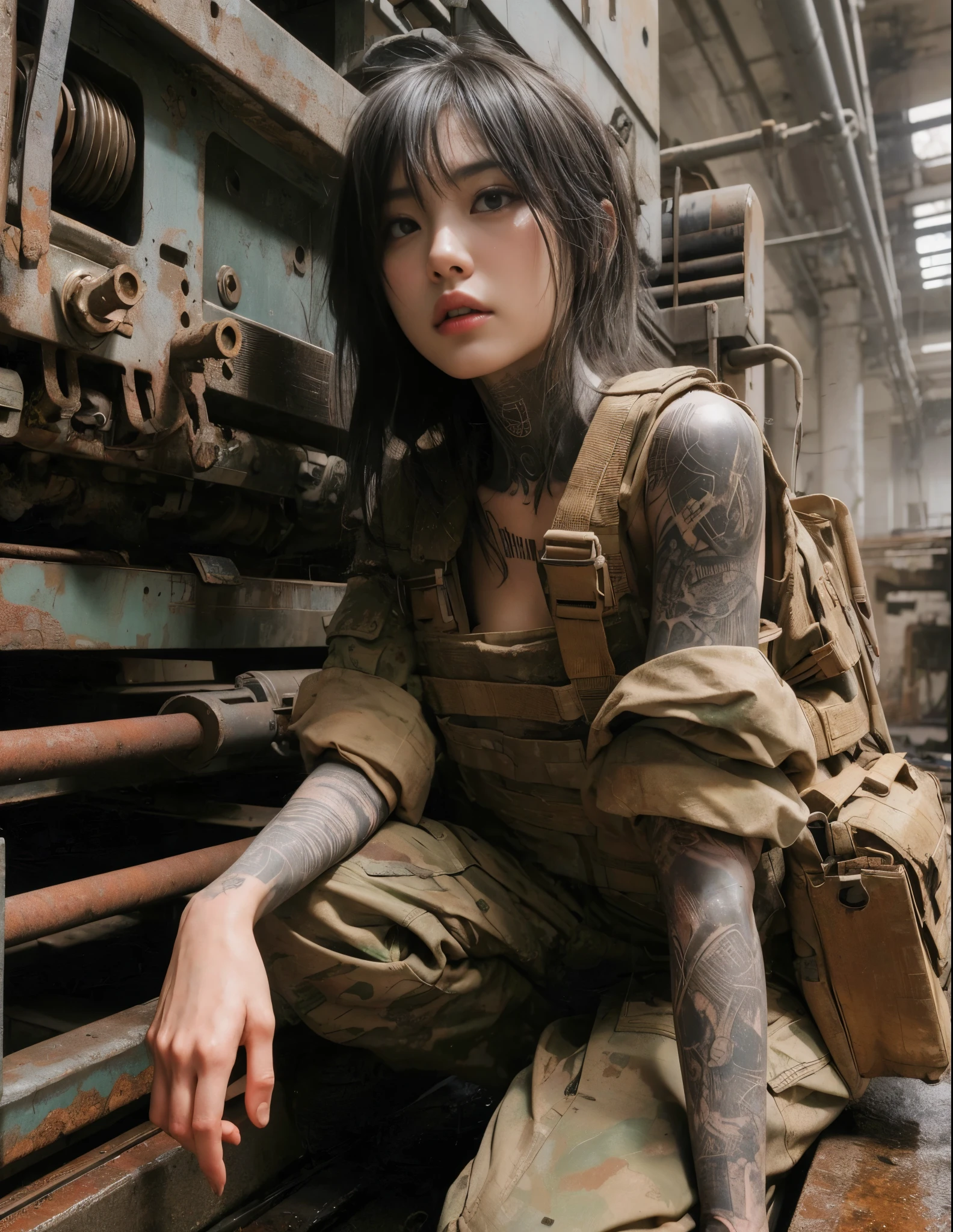 8k,Realistic Photo、Realistic Skin Texture、Superrealism、Japanese women in the U.S. military、Searching for something in a mysterious abandoned factory、The concrete floor is cracked and wet.、Abandoned machinery is rusting and decaying.、Tattoo