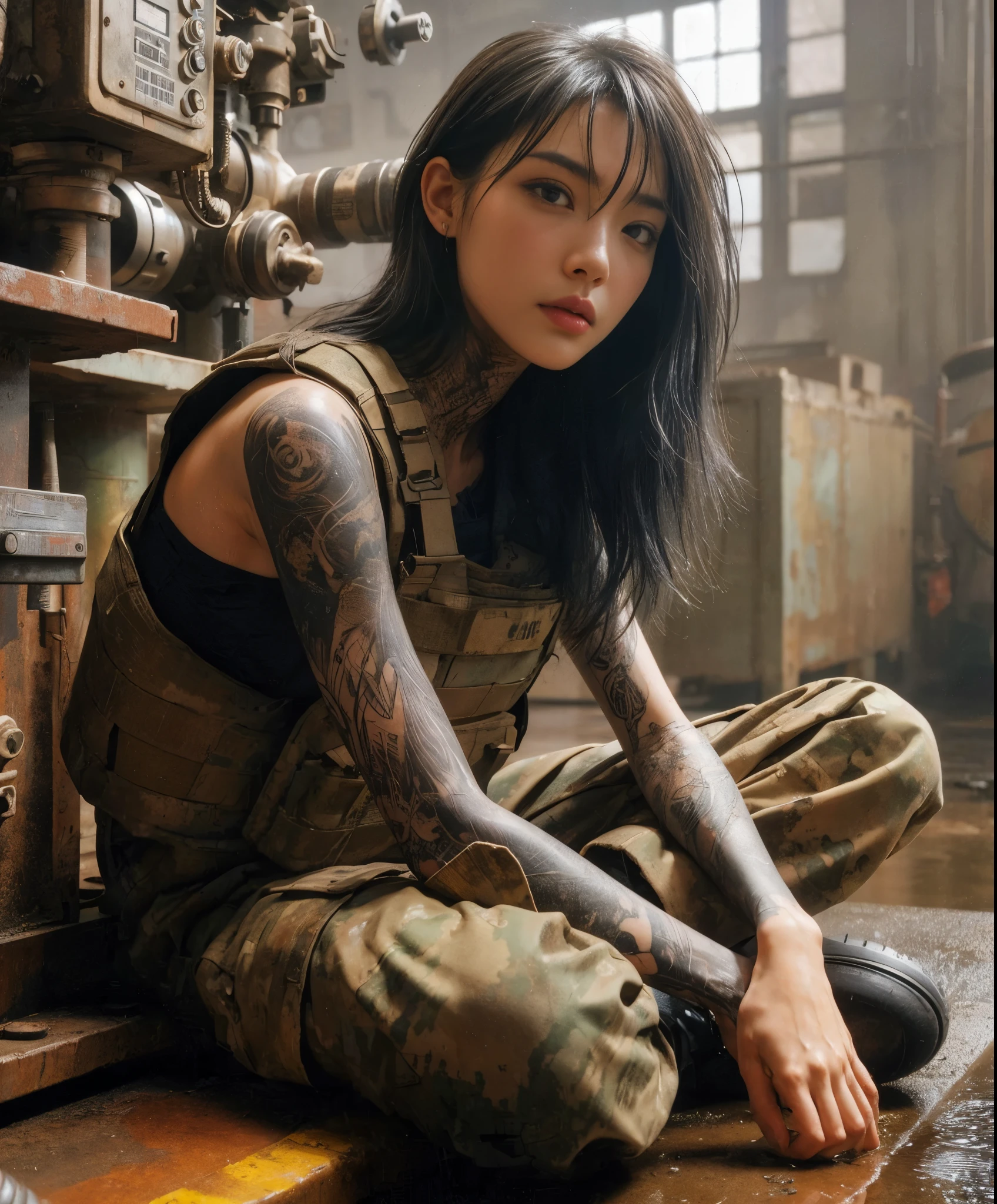 photorealistic、Realistic skin textures、A beautiful Japanese woman belonging to the U.S. military is laughing and talking at a base camp set up in a wasteland.、tent、military vehicle、automatic rifle propped up、bulletproof vest、afghan scarf、baseball cap、Backpack、Heavy equipment、tattoo、boots、、Action poses with movement、