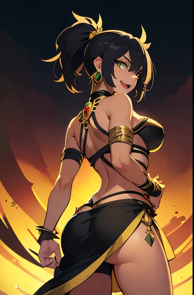 amazoness girl, tanned, back view, looking back, short spiky black hair, open mouth, wearing golden jewelry, long bang covering one eye, naughty green eyes, smiling, medium breasts, wearing a warrior top and skirt, choker, earrings, (best quality:1.2), (absurdres:1.2), (detailed background)