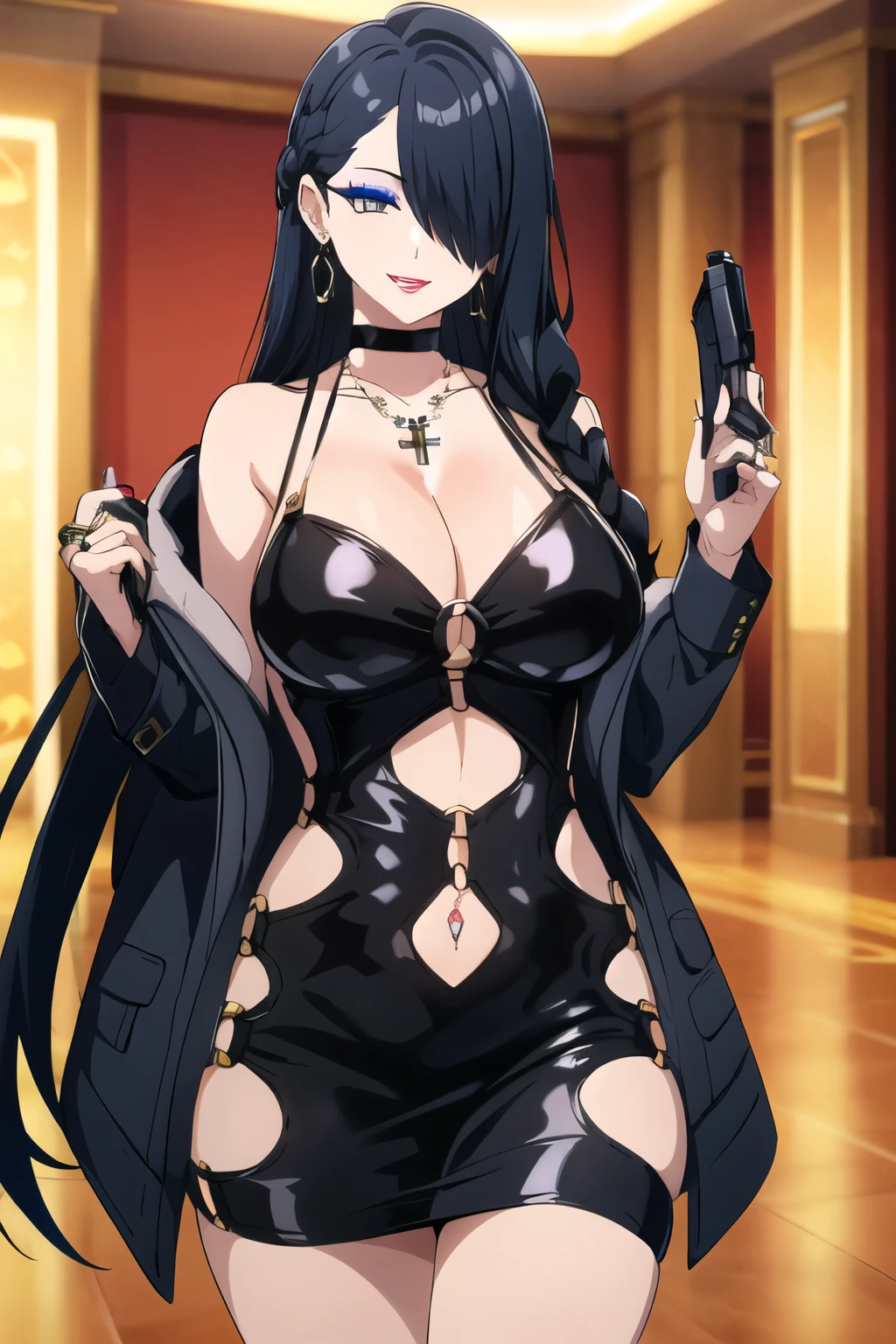 dark blue eyes, gradient hair, long hair, hime cut,hair over one eye,
1girl, large breasts, slender,parted lips,
tsurime, long eyelashes, makeup,eyeshadow,
cross necklace, , blush, lipstick, black hair, evil smile, blush, lipstick, evil smile, jewelry, earrings, complex detailed background, casino
environment, fancy interior environment, rich interior,((black bodycon))、microdress, bodycon,
eyeslashes, cleavage, navel, corruption, (o-ring), choker, jewelry, earrings, necklace, holding a gun,
holding, handgun