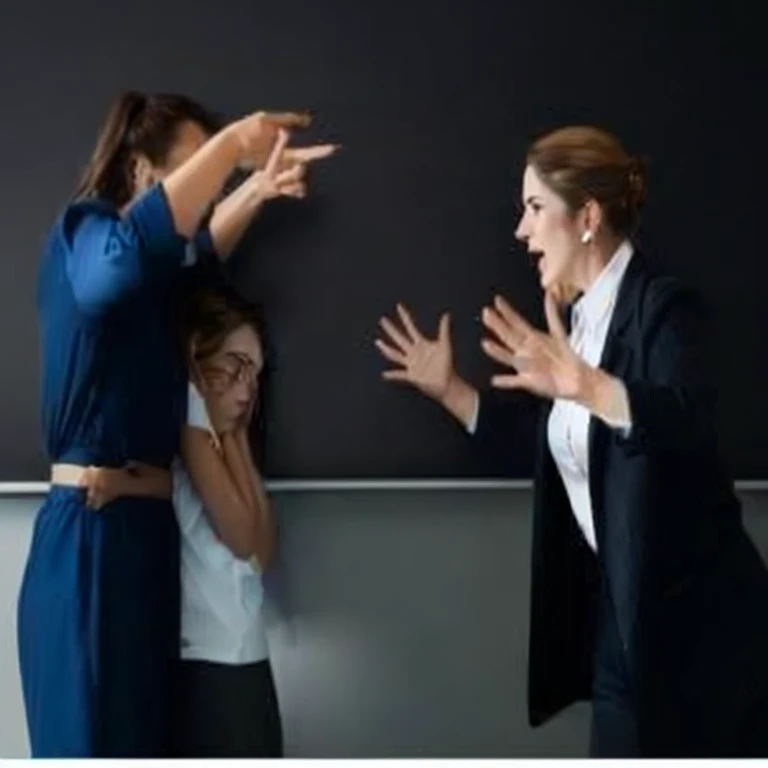 two women in business attire are gritando at a man in a suit, Bullying, pessoas lutando, conflito emocional, gritando furiously, violence, muito intenso, imagem de perfilture, mostrando raiva, contra um fundo escuro, irritado e apontando, foto popular, retratos de uma mulher enfurecida, imagem de perfil, alta dramaticidade, mulheres lutando contra homens, humor, motivacional, gritando