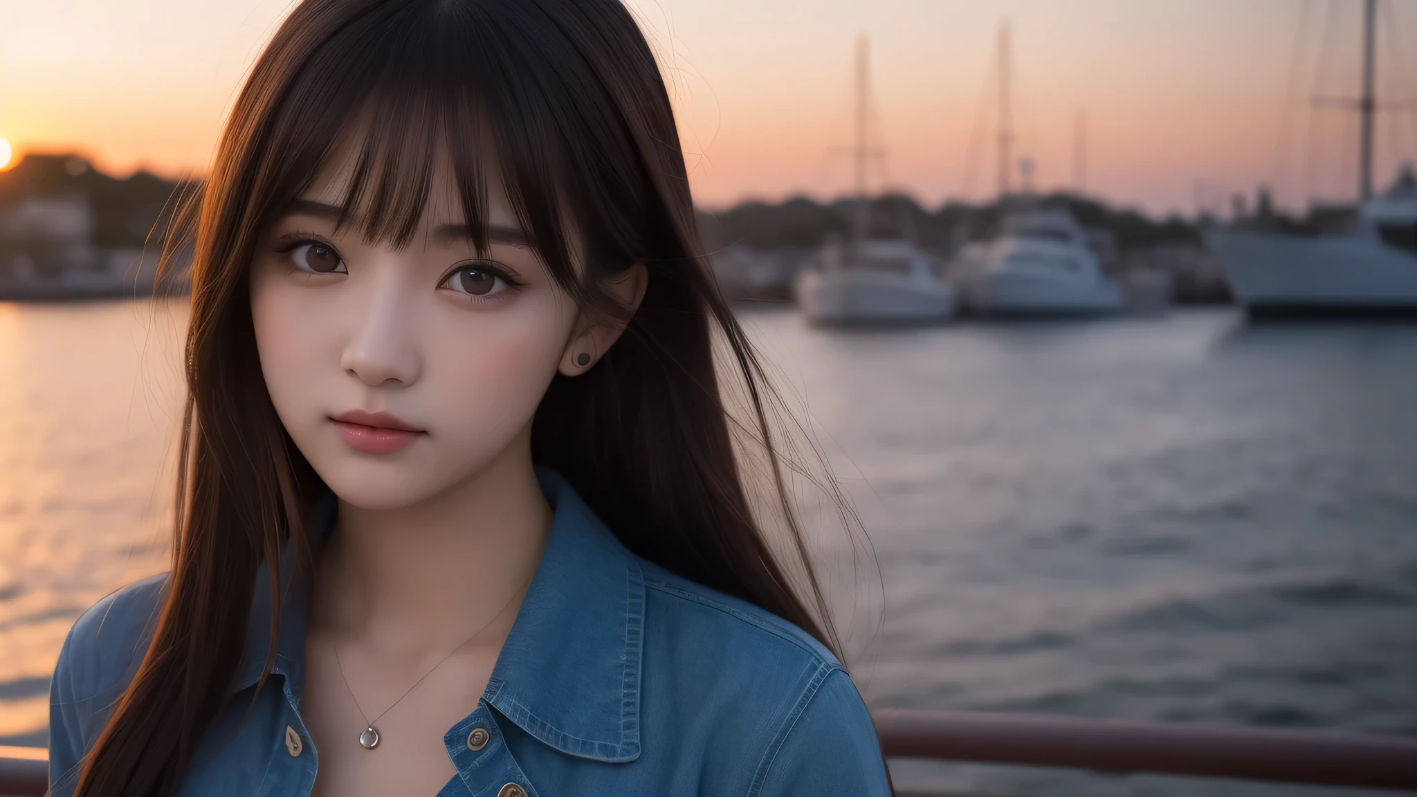 1girl, (kawaii face:1.2), (button shirt:1.2), cleavage, (Best Quality:1.4), Realistic, extremely detailed CG unified 8k wallpaper, highly detailed, High-definition raw color photos, professional photography, Realistic portrait, Beautiful detailed, Close up portrait of girl, Outdoors, harbor, sea, Beautiful sunset, illumination, (Fine face:1.2),
