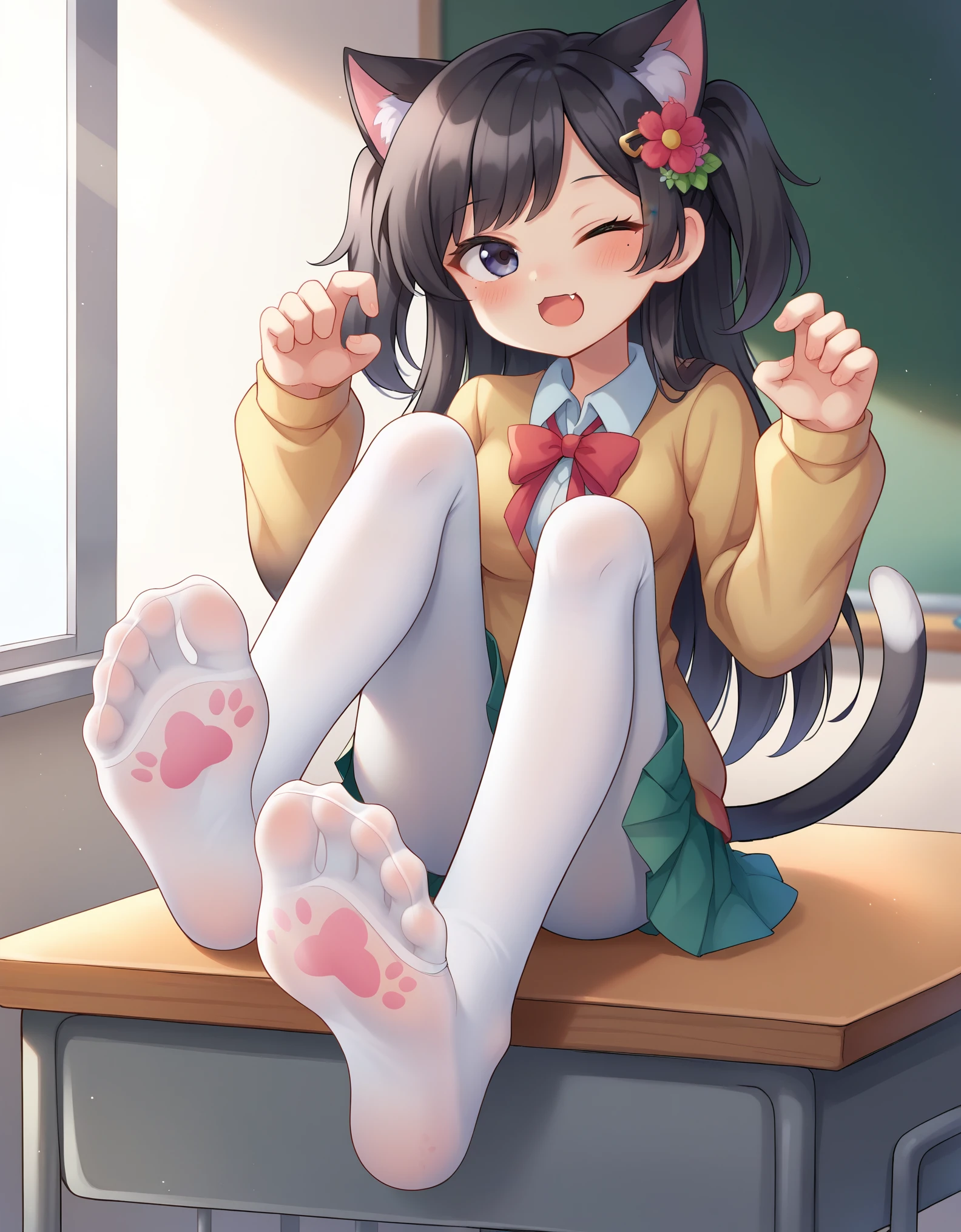 score_9, uncensored, source_anime, ,mwk,,
BREAK
1girl, :o, black hair, blush, medium breasts, foot focus, feet, soles, toes, no shoes, paw print socks, flower, hair flower, hair ornament, long hair, looking at viewer, mole, mole under eye, one eye closed, cat tail, cat ears, cat girl, sleeves past wrists, solo, two side up, classroom, white pantyhose, pleated skirt, sitting on desk, fang out, paw pose