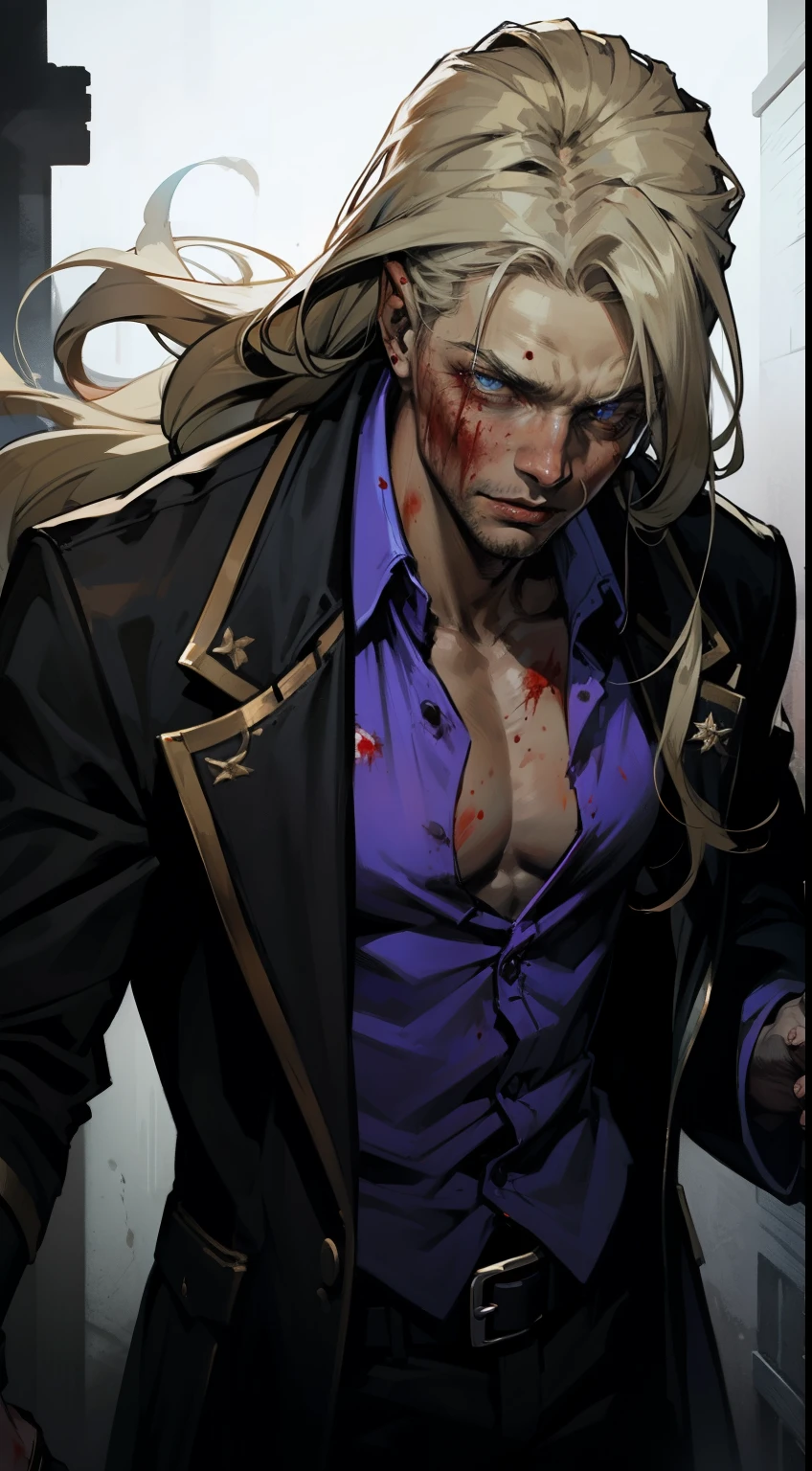 (masculine), (horrifying,shocking),blood-spattered man, male covered in blood,long flowing blond hair, , ((paled skin)) ,expressive eyes,dramatic lighting,gritty and intense,horror portrait,violent,splattered blood,dark and haunting background,close-up of face and body,bloody handprints,terrifying aura,macabre,vivid colors,high contrast, blue eyes, bloddy, masacre, androgynous, perfect face, evil smile, insane, crazy, Black coat, black suit, one young male, beautiful long hair, blond hair, blue eyes, purple victorian shirt, purple jabot, beautiful face, highest quality, wild fighting stance, blood everywhere