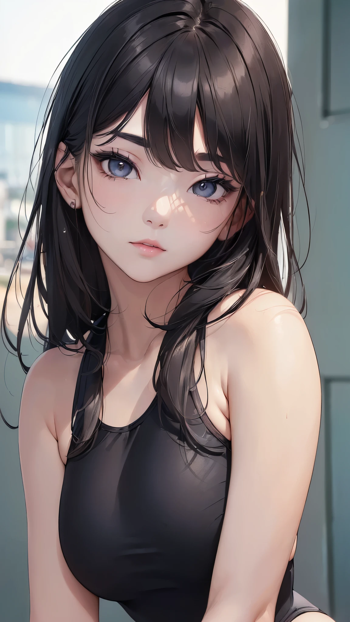 (((masterpiece))), (((High resolution))), (((8K quality))), (((perfect face))), (((Korean beauty wearing black one-peice school swimsuit))), (((high resolution face))), (((top quality eyes))), (((detailed face))), (((detailed texture))), look at the camera