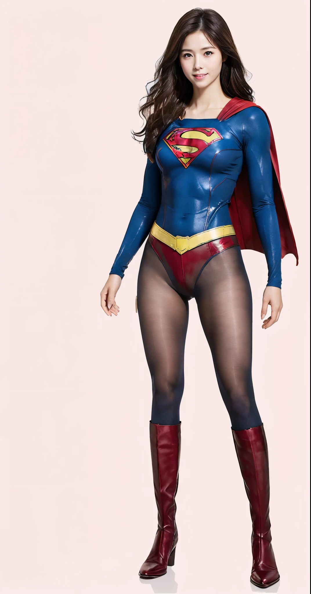 No background、(((Beautiful legs in black tights.)))、(((Legally express the beauty of your smile)))、((((Make the most of your original images)))、(((Supergirl Costume)))、(((Beautiful hairstyle)))、(((suffering)))、(((Please wear black tights....、Wear red boots)))、((Best image quality、8k))、((highest quality、8k、masterpiece:1.3))、(((Preserve background )))、Sharp focus:1.2、Beautiful woman with perfect figure:1.4、Slim Abs:1.2、Wet body:1.5、Highly detailed face and skin texture、8k