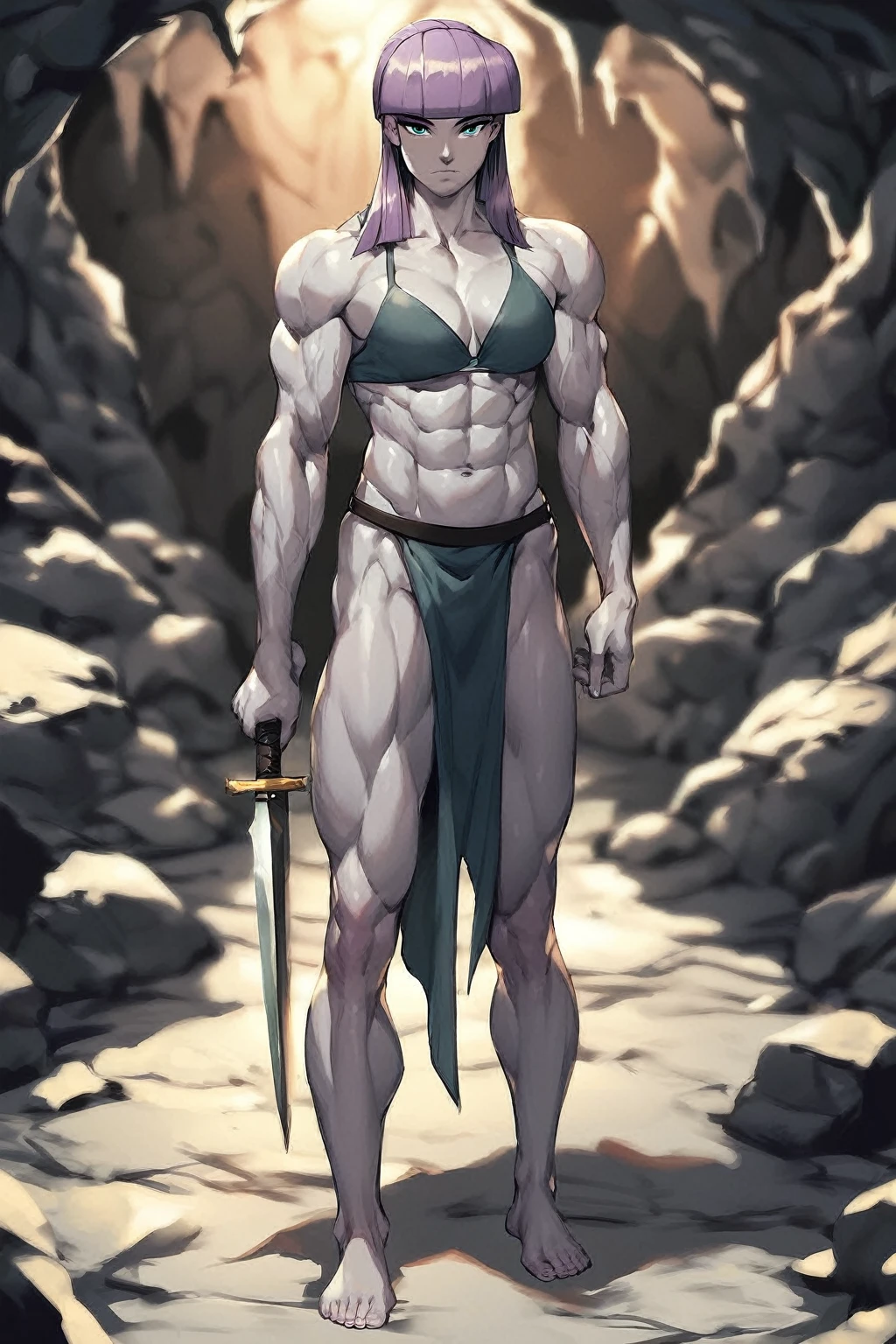 maud pie, my little pony, (equestria girls), solo, human, gray skin, green eyes, lidded eyes, eyeshadow, closed mouth, purple hair, medium breasts, muscular female, muscles, pectorals, abs, clothes, gray bra, gray loincloth, barefoot, standing, looking at viewer, full body, black background, score_9, score_8_up, score_7_up, score_6_up, score_5_up, score_4_up, rating_explicit, cave, weapon, wielding a big stone club, large muscles