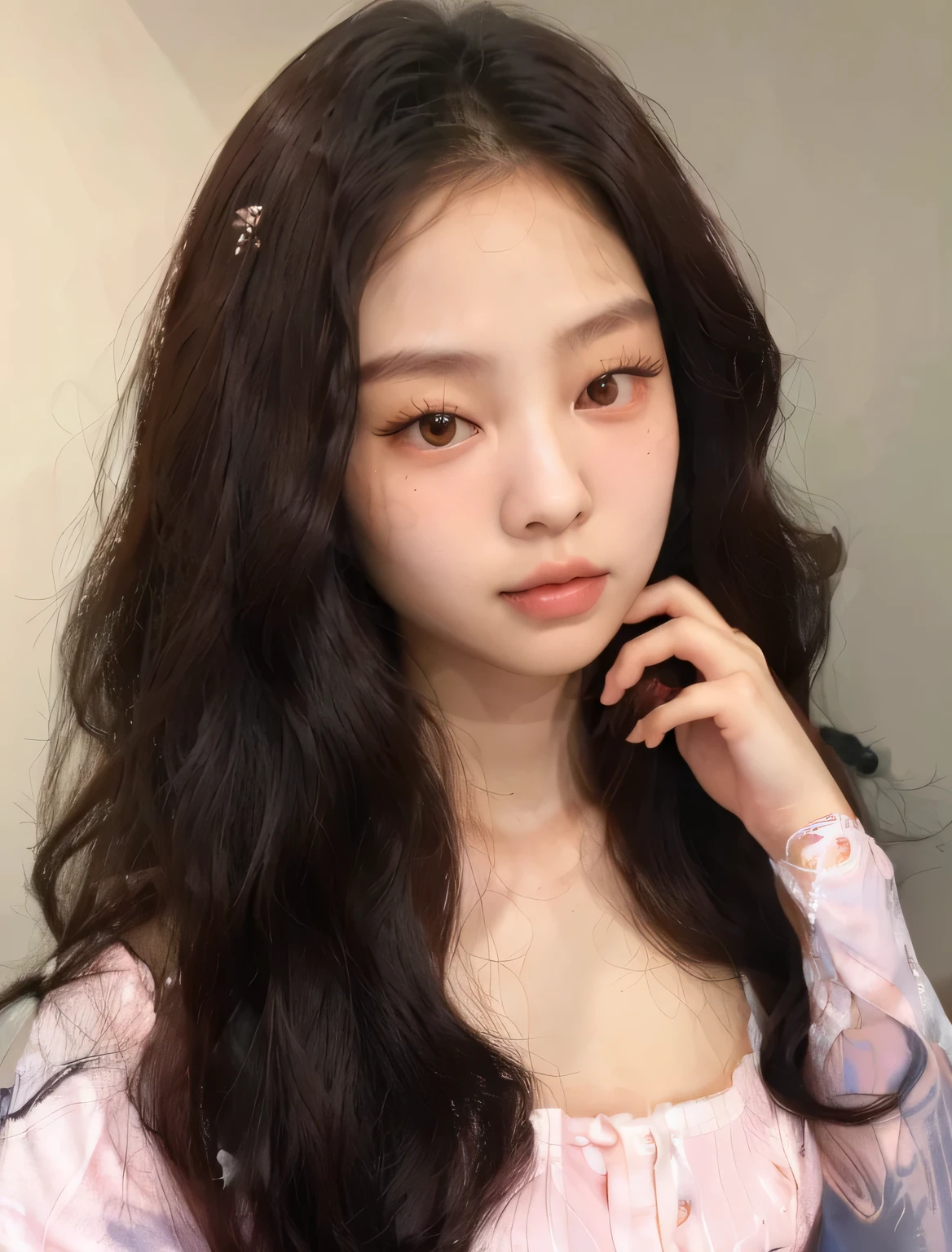 um close de uma mulher com cabelos longos vestindo uma camisa rosa, Ulzzang, Jennie Blackpink,  coreana, linda jovem coreana, linda jovem coreana, young lovely korean face, linda mulher sul-coreana, maquiagem coreana popular, Korean facial features, maquiagem sul-coreana popular, adorable and pale korean face, beautiful asian girl, asian features, young pale and beautiful asian face