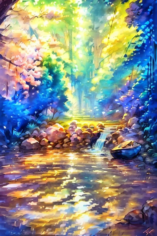 Gorgeous blossoms, serene water, an experience of feeling one with nature, coamic unity, divine onenenss with all things, conscious awareness and enlightenment, golden waves, high resolution, surreal realism