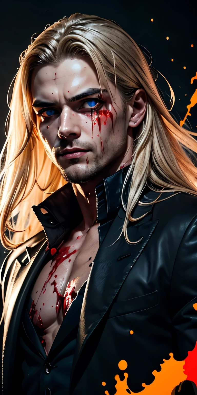 (masculine), (horrifying,shocking),blood-spattered man, male covered in blood,long flowing blond hair, , ((paled skin)) ,expressive eyes,dramatic lighting,gritty and intense,horror portrait,violent,splattered blood,dark and haunting background,close-up of face and body,bloody handprints,terrifying aura,macabre,vivid colors,high contrast, blue eyes, bloddy, masacre, androgynous, perfect face, evil smile, insane, crazy, Black coat, black suit, one young male, beautiful long hair, blond hair, blue eyes, purple victorian shirt, purple jabot, beautiful face, highest quality, wild fighting stance, blood everywhere