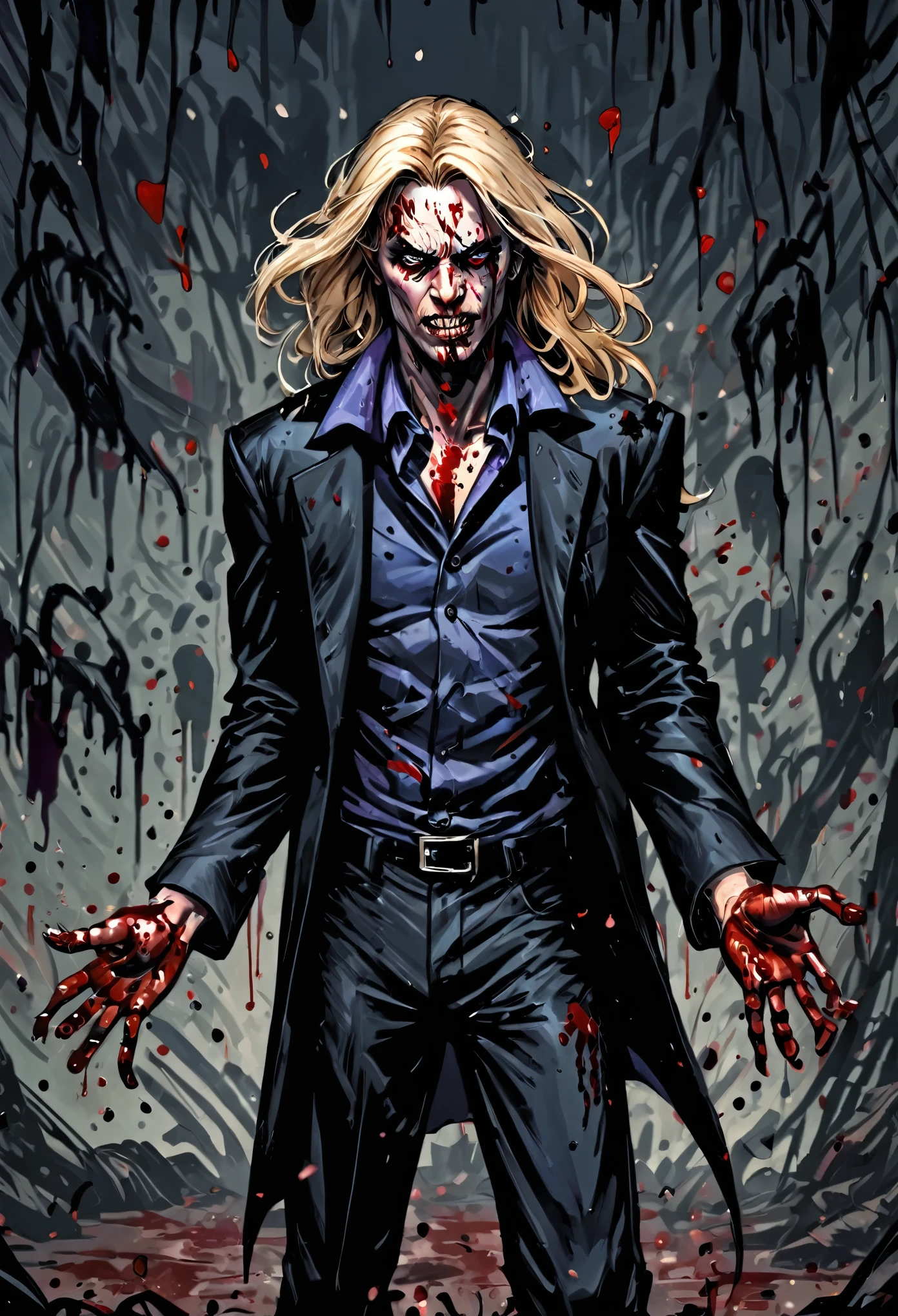 (masculine), (horrifying,shocking),blood-spattered man, male covered in blood,long flowing blond hair, , ((paled skin)) ,expressive eyes,dramatic lighting,gritty and intense,horror portrait,violent,splattered blood,dark and haunting background,close-up of face and body,bloody handprints,terrifying aura,macabre,vivid colors,high contrast, blue eyes, bloddy, masacre, androgynous, perfect face, evil smile, insane, crazy, Black coat, black suit, one young male, beautiful long hair, blond hair, blue eyes, purple victorian shirt, purple jabot, beautiful face, highest quality, wild fighting stance, blood everywhere