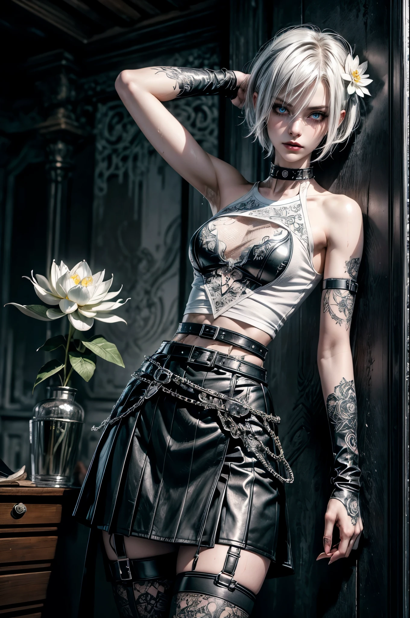 (Detailed illustrations, Very detailed and detailed drawing, Delicate lines with slow and rapid, Realistic texture expression), One woman with very short white hair with black tips, ( emo hairstyle, ), goth, pale white skin, evil smirk, (girls bedroom background), dark lighting, cold atmosphere, lore_Emma , blue eyes , dark eyeliner, (ultra dark glossy black lipstick), bored expression, gorgeous face , super cute, 18 years old , hyper detailed face, (super skinny figure , small breast, thin waist), back leaning against wall, one raised arm behind head, slim legs, slim hips, LowriseXL, (ultra low rise wet look shiny leather skirt with transparent flower pattern), (mesh shirt with flower pattern under bare shoulder white t-shirt), black choker, vulva tattoo, (white lotus flower in hair), ((flower pattern tattoo)), fingerless leather gloves, (black nail polish), faded tattoo's, ((thigh belt)), ((hip chains)), ((belt hanging on hip)), ((many studded belts))