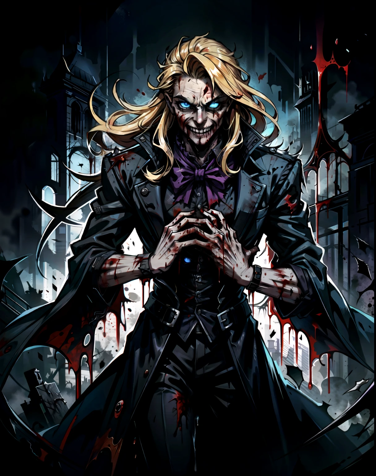 (masculine), (horrifying,shocking),blood-spattered man, male covered in blood,long flowing blond hair, , ((paled skin)) ,expressive eyes,dramatic lighting,gritty and intense,horror portrait,violent,splattered blood,dark and haunting background,close-up of face and body,bloody handprints,terrifying aura,macabre,vivid colors,high contrast, blue eyes, bloddy, masacre, androgynous, perfect face, evil smile, insane, crazy, Black coat, black suit, one young male, beautiful long hair, blond hair, blue eyes, purple victorian shirt, purple jabot, beautiful face, highest quality, wild fighting stance, blood everywhere