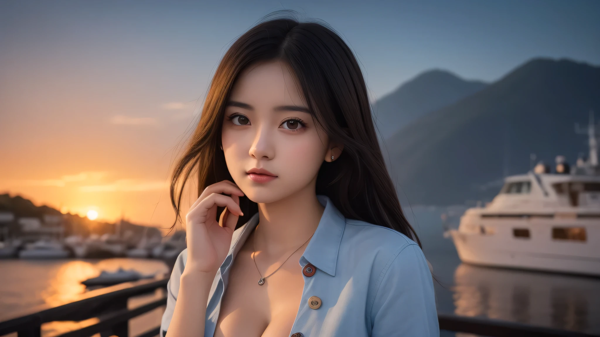 1girl, (kawaii face:1.2), (button shirt:1.2), cleavage, (Best Quality:1.4), Realistic, extremely detailed CG unified 8k wallpaper, highly detailed, High-definition raw color photos, professional photography, Realistic portrait, Beautiful detailed, Close up portrait of girl, Outdoors, harbor, sea, Beautiful sunset, illumination, (looking back:1.2), (Fine face:1.2),