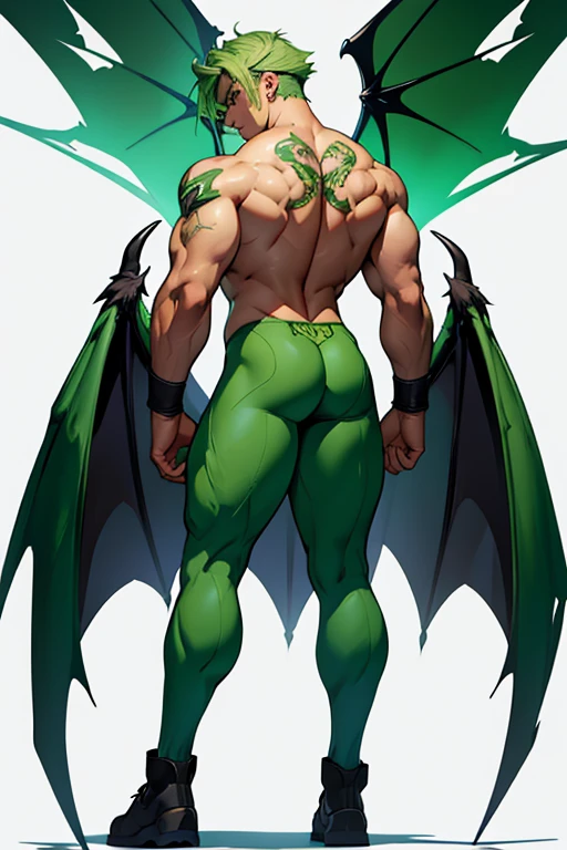 character design panel, full body esbian, Full details, front, back, High detail, Depth, Many parts, of leo. has green hair. muscle. bat wings