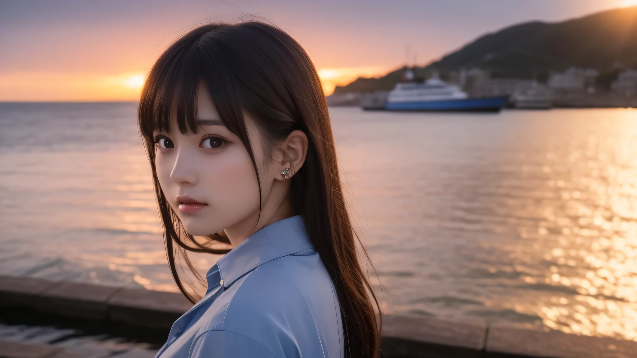 1girl, (kawaii face:1.2), (button shirt:1.2), cleavage, (Best Quality:1.4), Realistic, extremely detailed CG unified 8k wallpaper, highly detailed, High-definition raw color photos, professional photography, Realistic portrait, Beautiful detailed, Close up portrait of girl, Outdoors, harbor, sea, Beautiful sunset, illumination, (looking back:1.2), (Fine face:1.2),