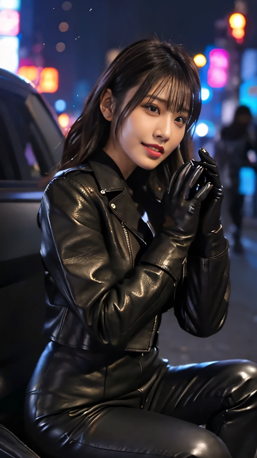 black leather rider jacket, Office in the Dark, Black leather gloved fingertips on both hands,Wearing black leather gloves,Sitting in a black leather chair、 Japanese female new recruits (Black leather gloves cover both hands) (The angle is horizontal)、Black Leather Pants,Black Leather Black Leather Pants,Black Leather Skinny Pants、Long black leather boots on both feet、Black Hair ((He wears black leather gloves on his hands))Full Body Photo,full body shot full body full body leather suit,☺If you turn in this direction。Wearing black leather gloves,Wearing black leather gloves,Wearing black leather gloves,Wearing black leather gloves,Wearing black leather gloves,Wearing black leather gloves,黒のレザーパンツが美しい😍黒のレザーパンツが美しい😍黒のレザーパンツが美しい,😍Smiling while looking at me,City lights、((Neon Cyberpunk City Street:1.3))、(Neon Light)、Detailed lighting、
Best image quality、Ultra-high resolution、(realism:1.4)、Korean Beauty Star、The most beautiful KPOP stars、face、Horny Korean Makeup、A body that makes you want to touch it、Realistic leather texture、Costume made of smooth leather fabric、The drape of the curved parts of the leather fabric、The costume is very shiny、Quality of the costume、8K Photo Quality