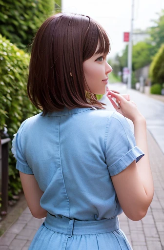 ((Blue hydrangea flower))、Tree-lined street、A girl walking in the light rain、Bob Hair、Brown Hair、Medium breast、Rainy day in Kamakura、Climb the stone steps、mini skirt、masterpiece、highest quality、Highest quality、8k、Anatomically correct body、Accurate Face、Accurate Fingers、Accurate limbs、Detailed Background、Portrait、Back view、Seen from behind、