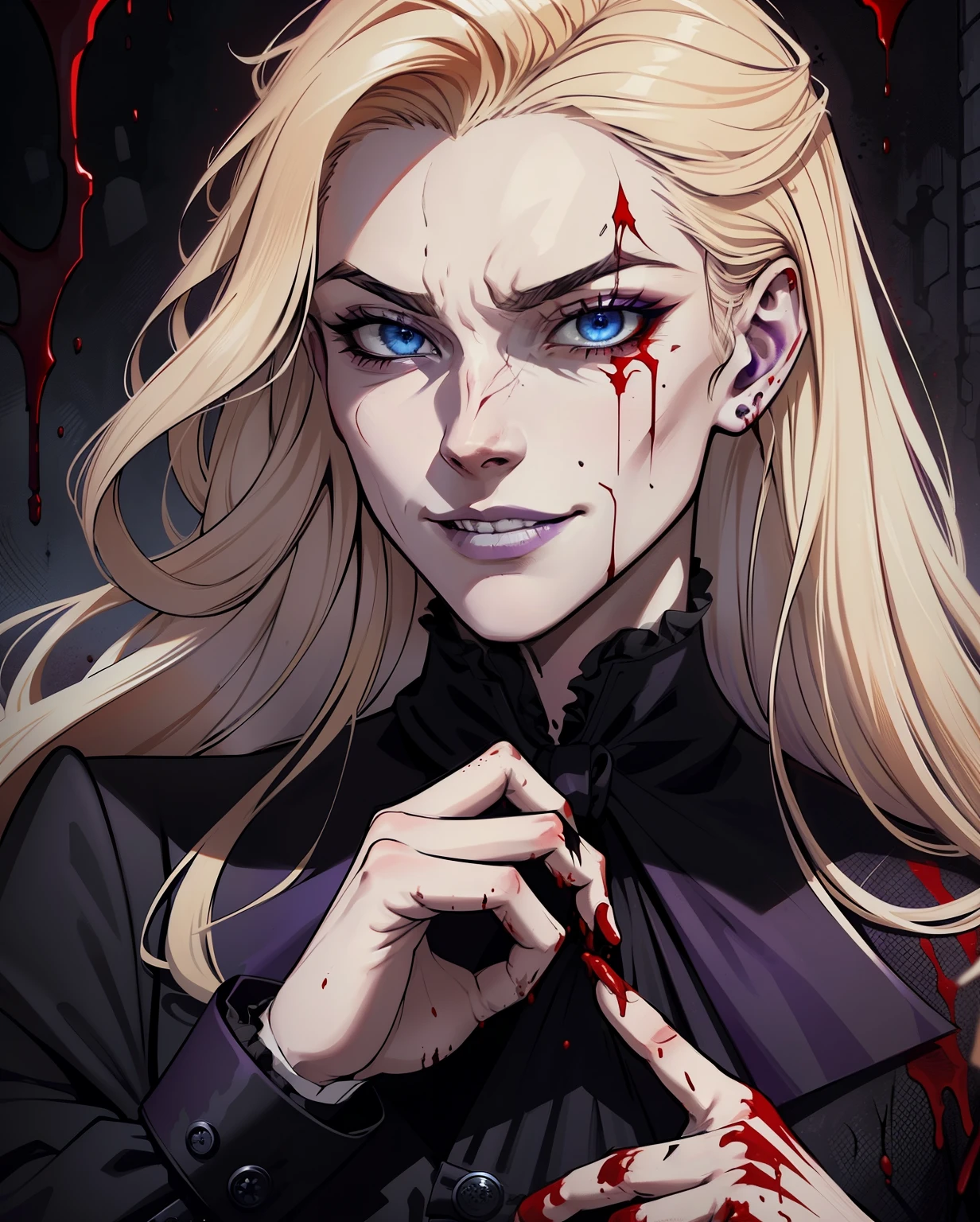 (masculine), (horrifying,shocking),blood-spattered man, male covered in blood,long flowing blond hair, , ((paled skin)) ,expressive eyes,dramatic lighting,gritty and intense,horror portrait,violent,splattered blood,dark and haunting background,close-up of face and body,bloody handprints,terrifying aura,macabre,vivid colors,high contrast, blue eyes, bloddy, masacre, androgynous, perfect face, evil smile, insane, crazy, Black coat, black suit, one young male, beautiful long hair, blond hair, blue eyes, purple victorian shirt, purple jabot, beautiful face, highest quality, wild fighting stance, blood everywhere