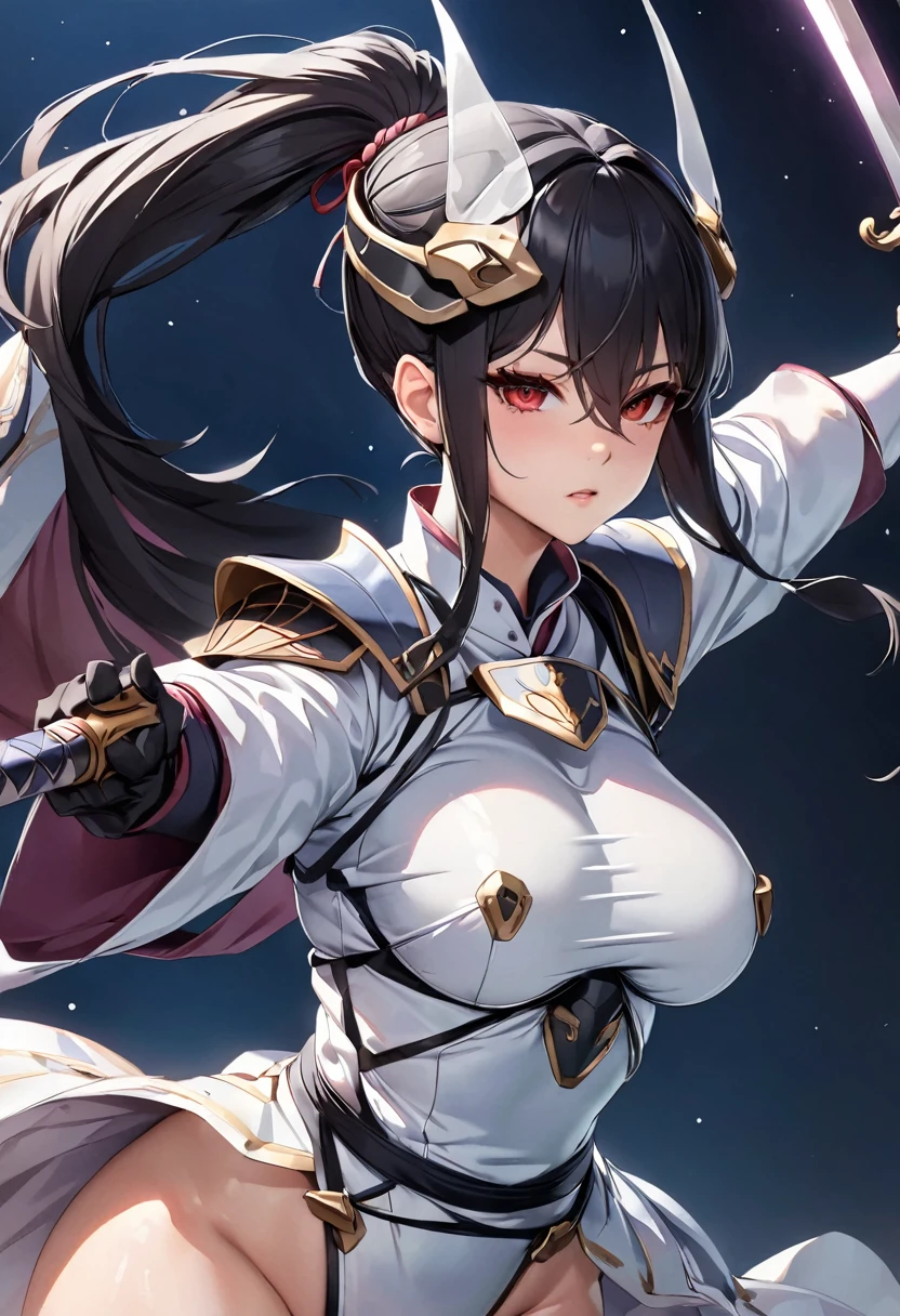 (Perfect Anatomy)、Mastepiece、Ultra High Quality、 8K、Photorealistic、masterpiece、highest quality、Ultra-high resolution、Maximum resolution、Very detailed、Professional Lighting、anime、Adult female、thin、so beautiful、samurai、Light clothing、armor、kimono、Pauldrons、Black Hair、Red Eye、High leg、Knee-high socks、Equipped with a sword、ponytail、Hold the sword、Action pose、Quick Movement、Swinging Down the Sword