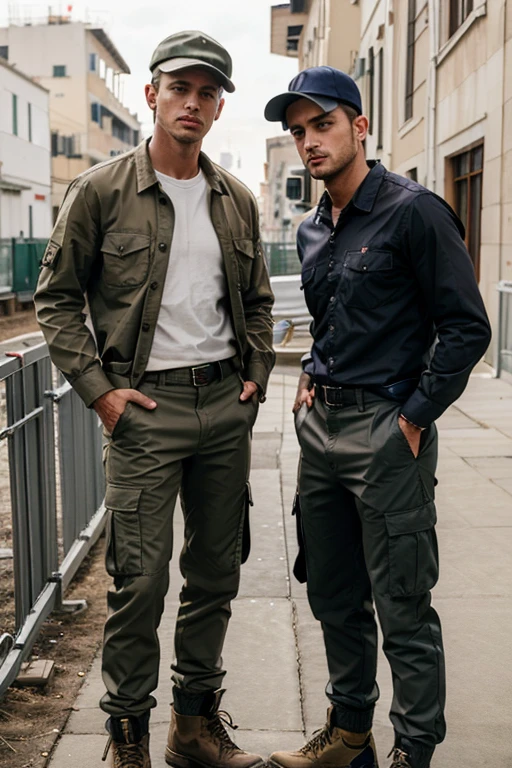men working in construction with uniforms cap long sleeve shirt Italian model and cargo pants and work boots in each outfit there is a print of a famous company