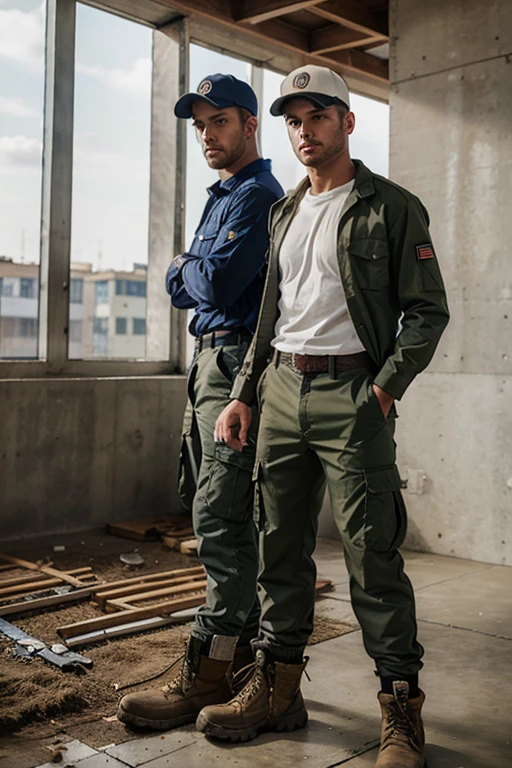 men working in construction with uniforms cap long sleeve shirt Italian model and cargo pants and work boots in each outfit there is a print of a famous company