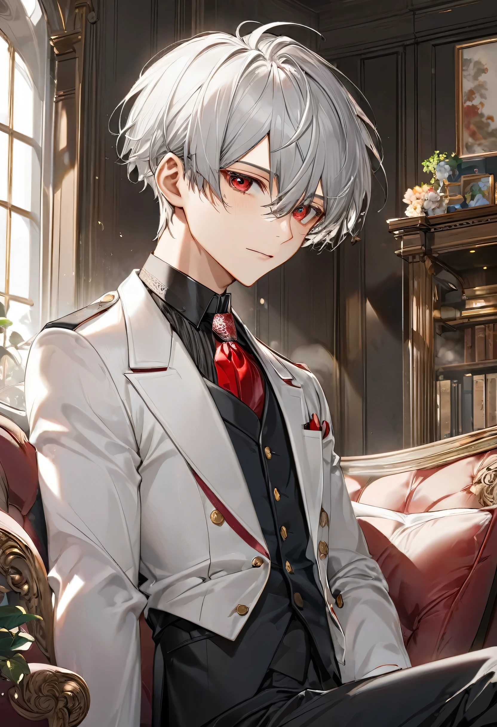(Calm style) (solo crew cut silver hair very short hair divine boy:1.2, detailed cool red eyes, serious face, Flat chest), (16 yo) (in a butler uniform), in the Lounge, BREAK, perfect anatomy, masterpiece, best quality, 16k, beautiful detailed grow, daydreaming expression.