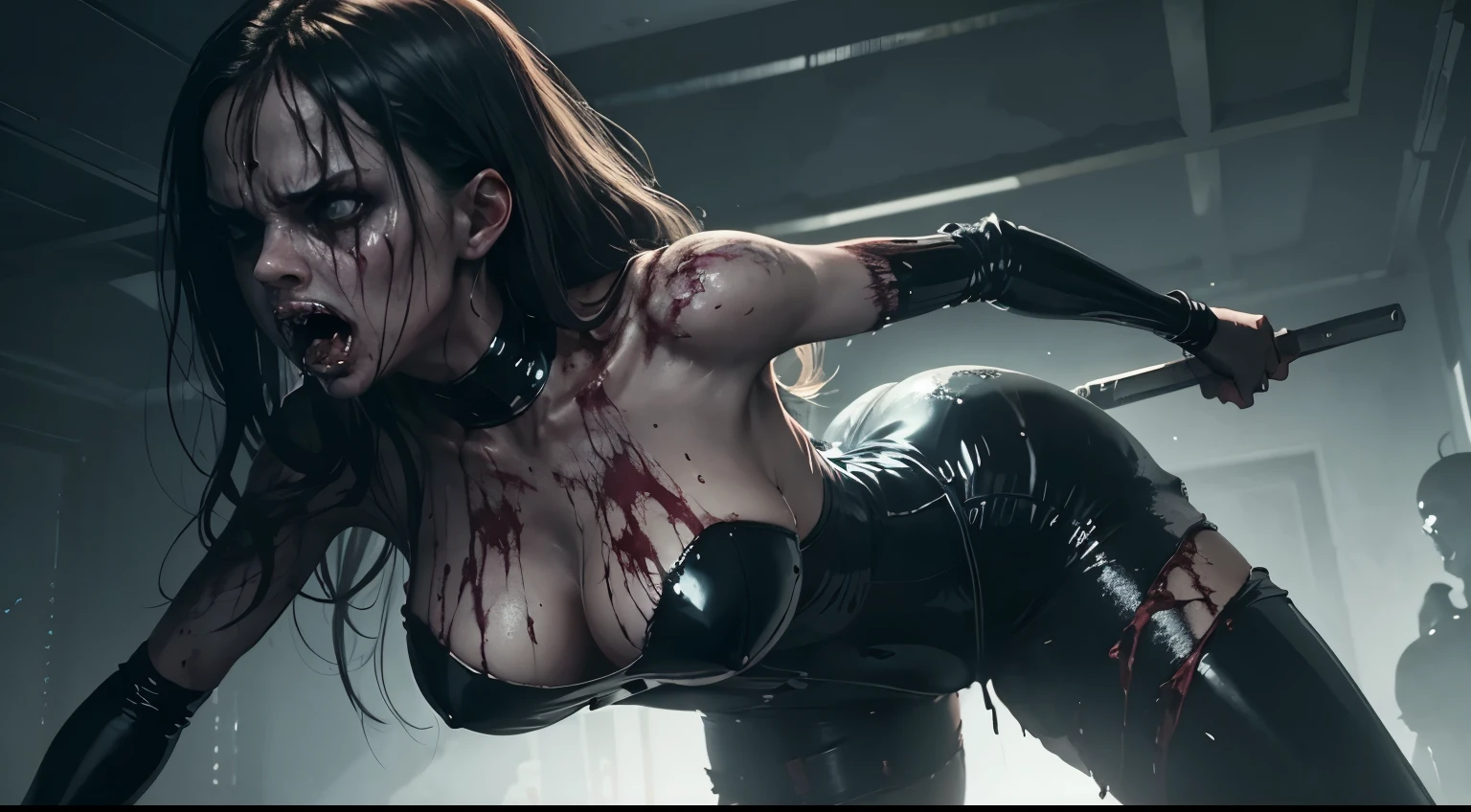 There's a woman dressed in latex leotard killing another woman, woman killing another woman, full body, scared expression, terror expression, disgusting, sexy horror, night, dark room, horror movie, cinematic, woman eating, creepy, ominous background, dark atmosphere, ultra detailed, photorealistic, masterpiece, best quality.