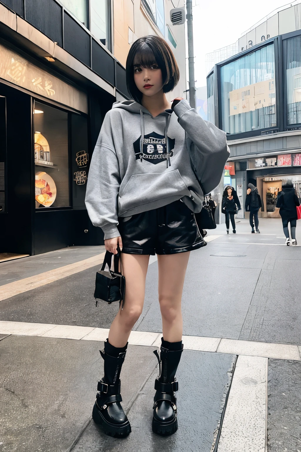 One girl、black hair、short hair、Logo hoodie(gray)、hot pants(black)、boots with buckles(black)、Outdoor、Showa Retro Shopping Street、While walking