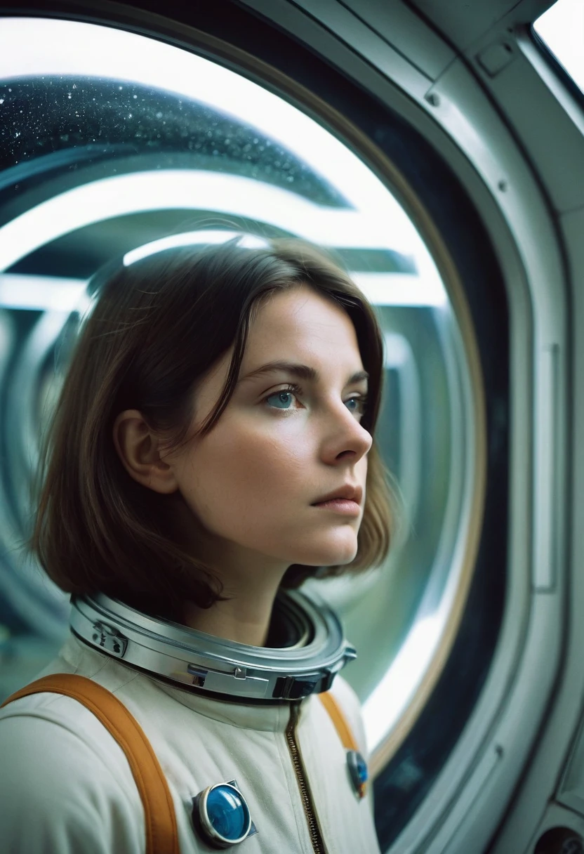 A photograph styled to mirror a 1970s cinema frame, featuring a woman who resembles someone in her youth during the 1970s, akin to Natalja Bondartschuk as Hari in Solaris. The image captures a deeply contemplative and introspective expression, reflective of the mood in Tarkovsky's film. Her gaze is thoughtful, perhaps slightly melancholic, evoking a sense of profound introspection. She has a bob cut, with her hair gently tousled by an unseen breeze. Her attire is simple yet futuristic, resonating with the aesthetic of the Solaris space station. The setting is the minimalist interior of the space station, with expansive windows opening to the cosmos. The photograph employs a 'noctilux 0.95' lens effect for a soft depth of field, and the color grading is distinctly reminiscent of 1970s cinema, adding to the filmic quality of the image.