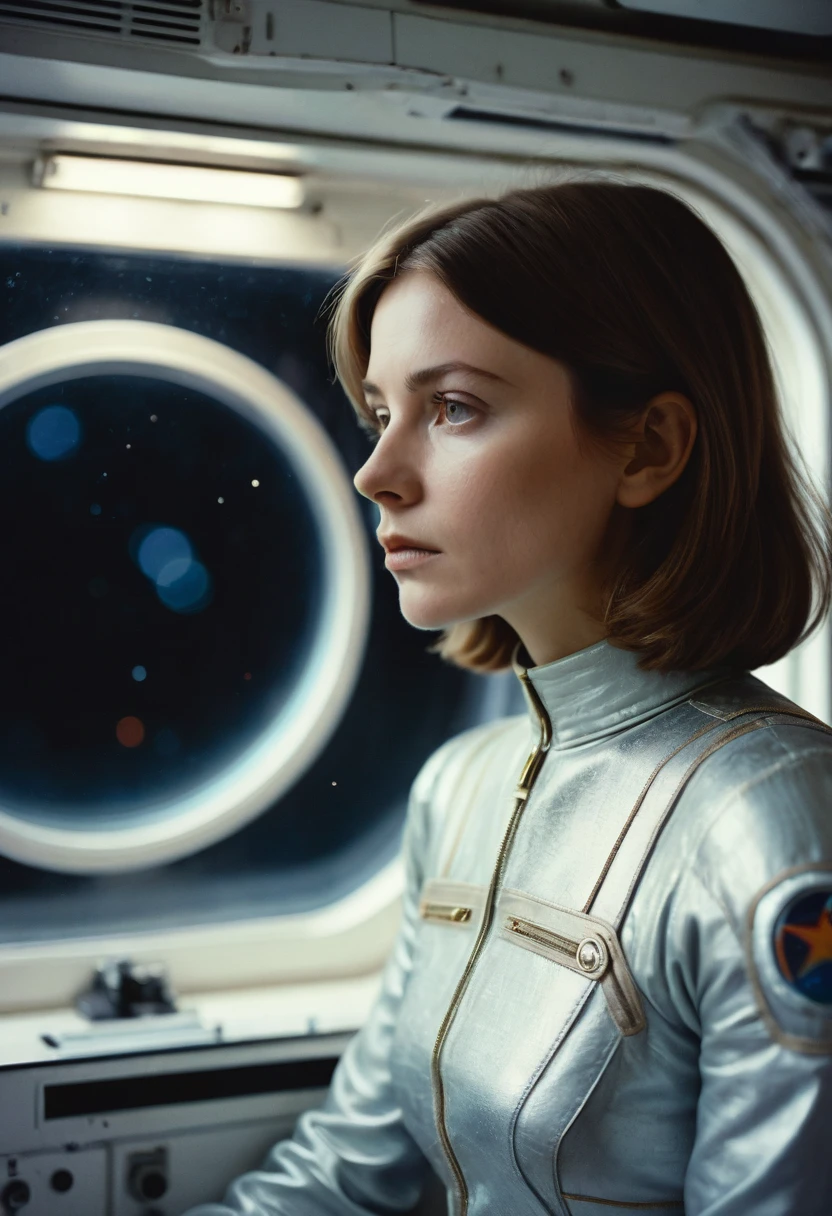 A photograph styled to mirror a 1970s cinema frame, featuring a woman who resembles someone in her youth during the 1970s, akin to Natalja Bondartschuk as Hari in Solaris. The image captures a deeply contemplative and introspective expression, reflective of the mood in Tarkovsky's film. Her gaze is thoughtful, perhaps slightly melancholic, evoking a sense of profound introspection. She has a bob cut, with her hair gently tousled by an unseen breeze. Her attire is simple yet futuristic, resonating with the aesthetic of the Solaris space station. The setting is the minimalist interior of the space station, with expansive windows opening to the cosmos. The photograph employs a 'noctilux 0.95' lens effect for a soft depth of field, and the color grading is distinctly reminiscent of 1970s cinema, adding to the filmic quality of the image.