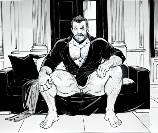 40 years old white Male, tall, giant body, handsome, dad bod, beefy, strong arms and  shoulders, muscle gut, a bit of fat but still very muscular, extremely hairy, short beard, wearing a black bathrobe with long sleeves, wearing a black boxer brief, titanic bulge inside boxer brief, barefoot, standing casualy, smiling widely, luxurious living room, full body picture, 3/4 view