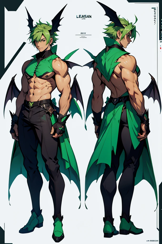 character design panel, full body esbian, Full details, front, back, High detail, Depth, Many parts, of leo.  has green hair.  muscle.  bat wings