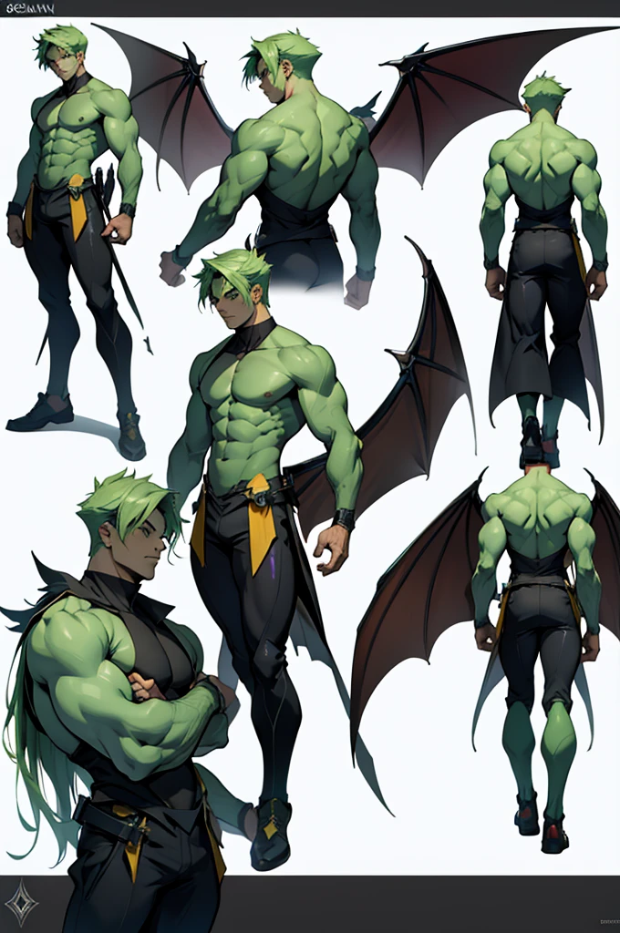 character design panel, full body esbian, Full details, front, back, High detail, Depth, Many parts, of leo. has green hair. muscle. bat wings