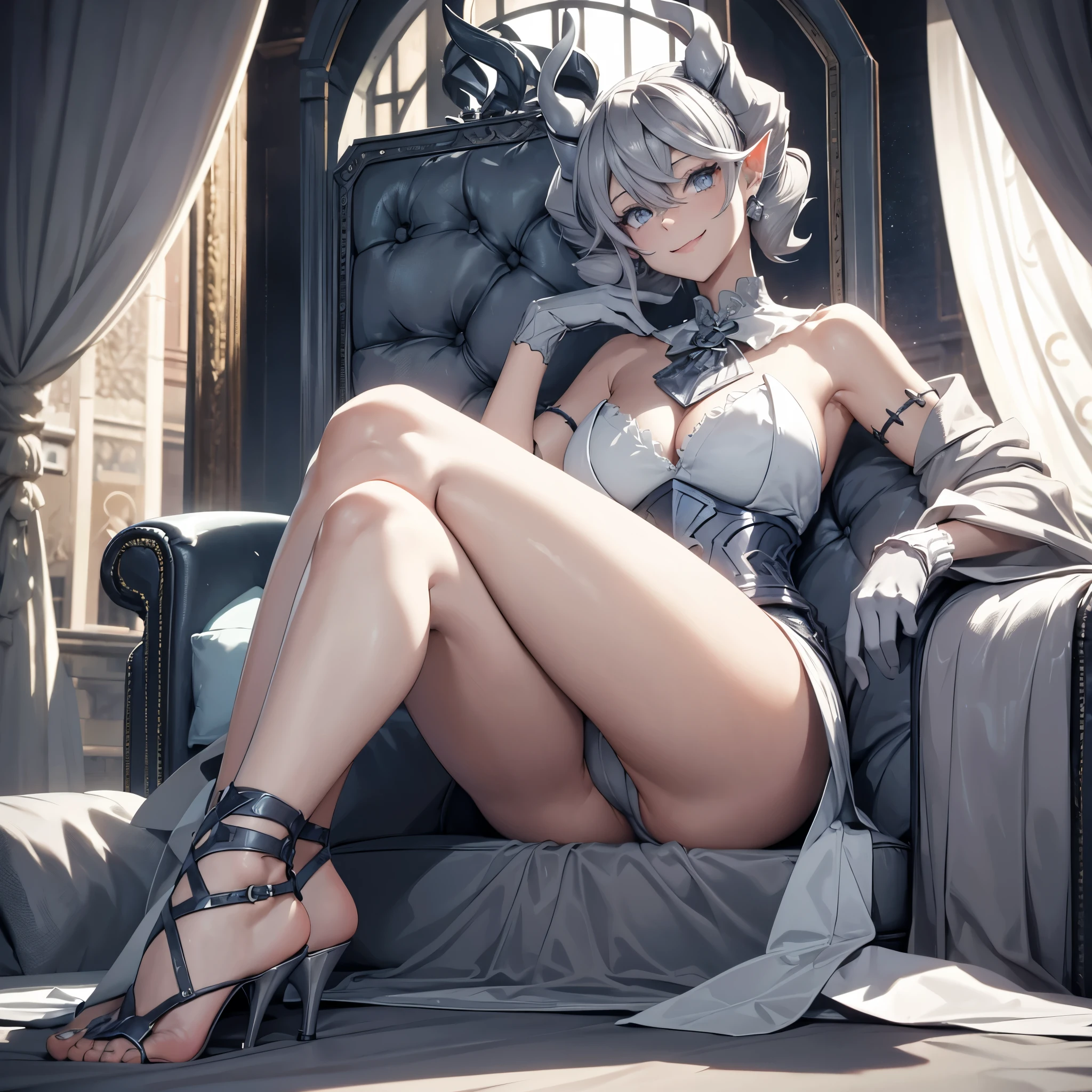 Castle background Throne sofa High level image quality best image quality 8K adult woman whole body view portrait pure gray long gloves(elbow gloves) gray long dress(slit) horn ears short hair((shortcut)(gray hair)(perm)(fluffy)) eye color is blue attractive evil face , face detail , smile , y pose , labrynth , erotting down styles , view from below , view foot
